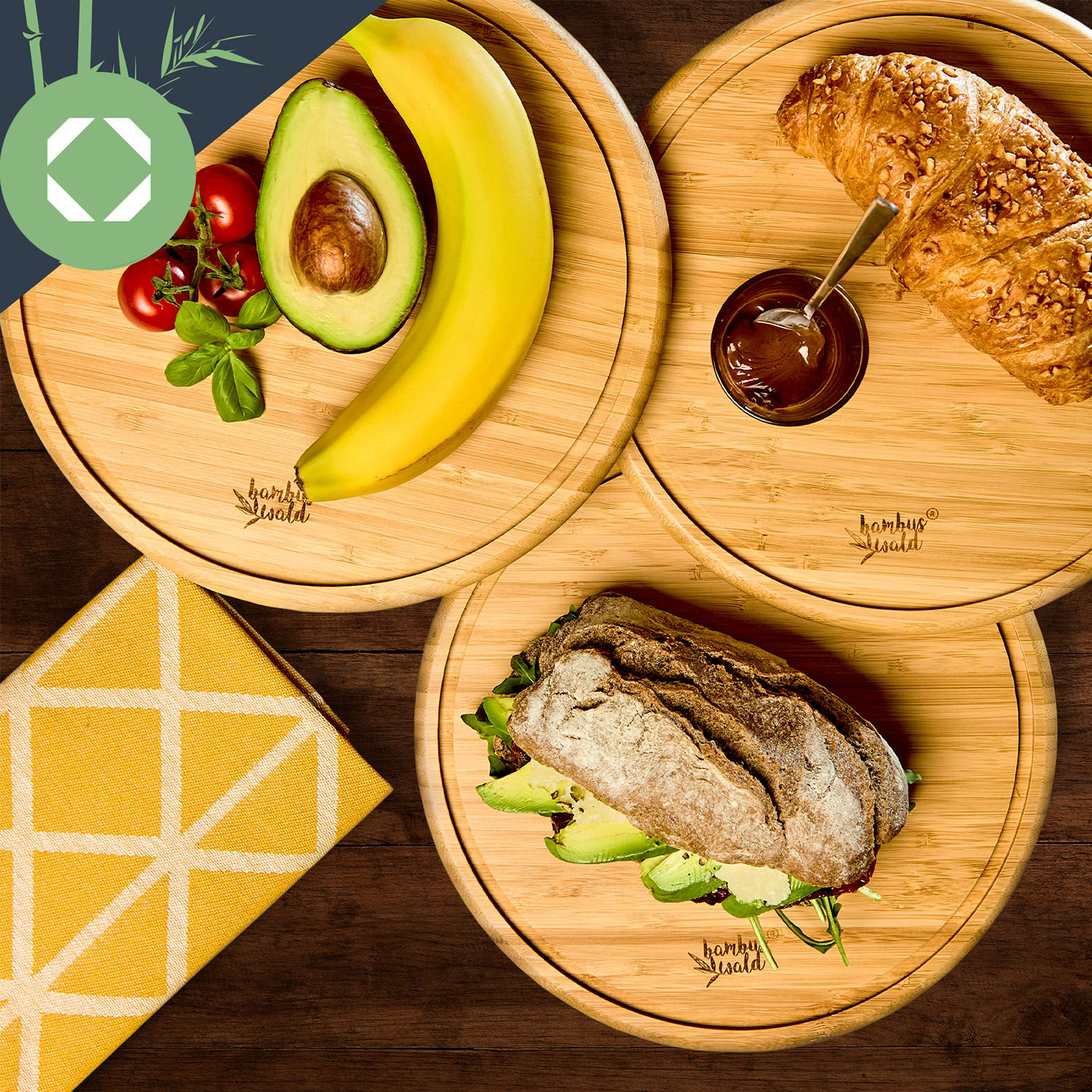 3-dielna súprava bambusových raňajkových dosiek, okrúhle, 25 x 1,6 cm (ØxV), jednoduchá údržba 