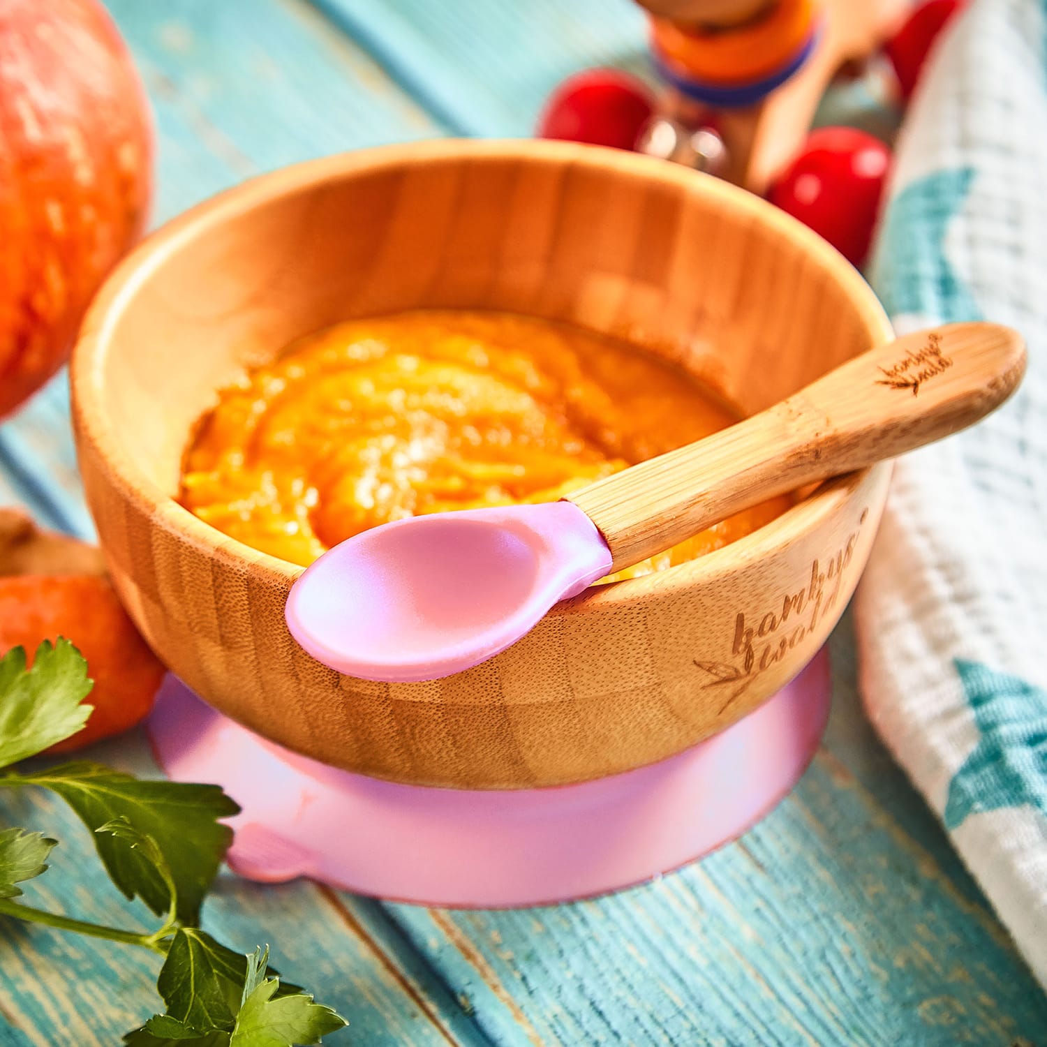 Dječje posuđe, s bambusovom zdjelicom i žlicom, 400 ml, uključujući vakuum, Ø: 13,7 cm Candy ružičasta