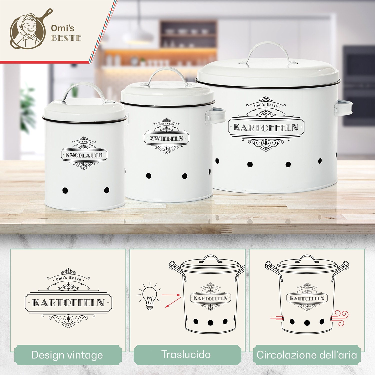 Set di 3 contenitori di stoccaggio, lamiera metallica, rotondi, coperchi 3er-Set | Bianco