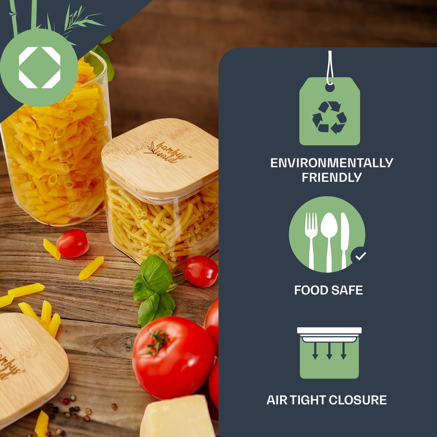 Vierkante pot met bamboe deksel luchtdicht met siliconen ring 10x20,5x10 cm 1500 ml 