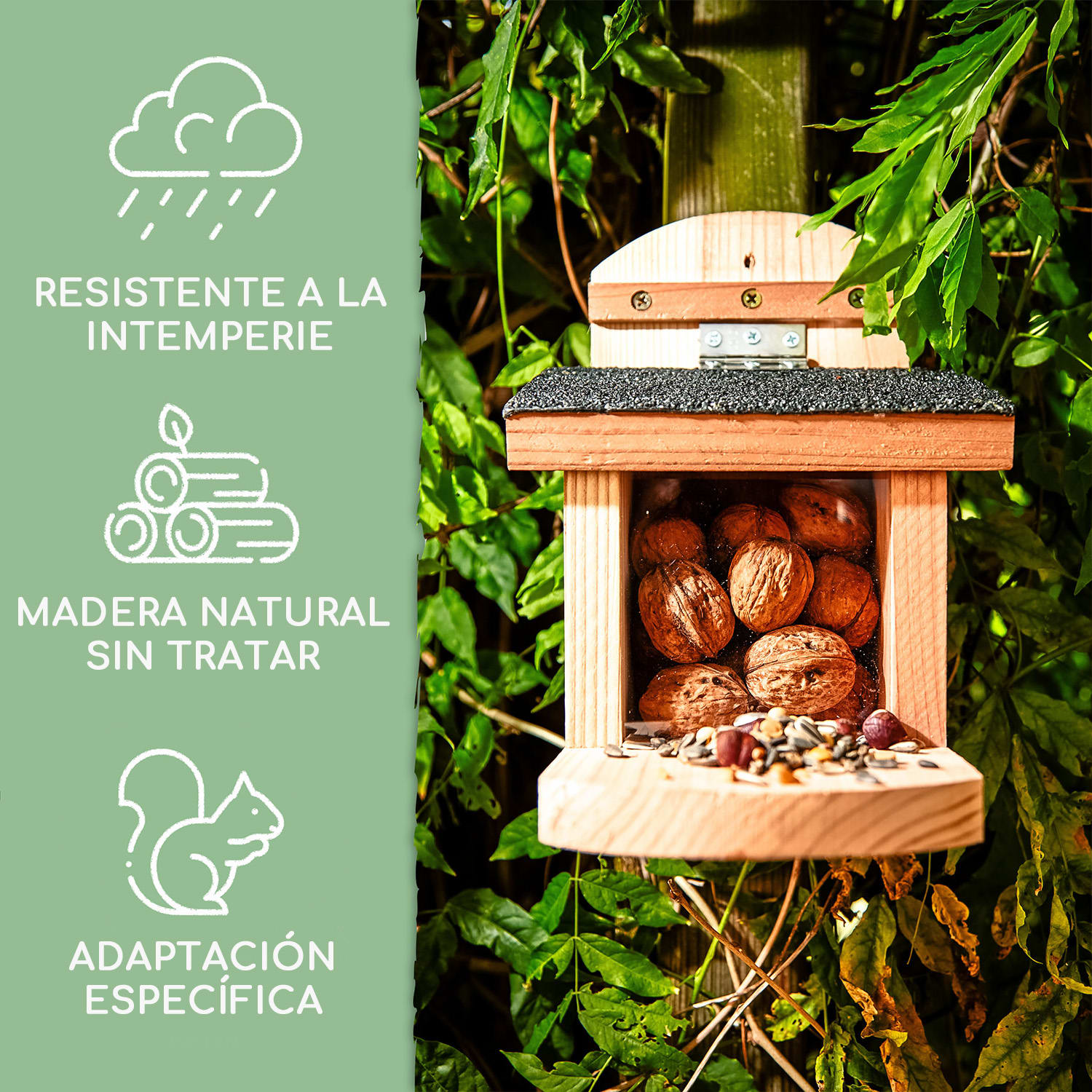 Comedero para ardillas techo plano madera de cedro betún sin tratar 