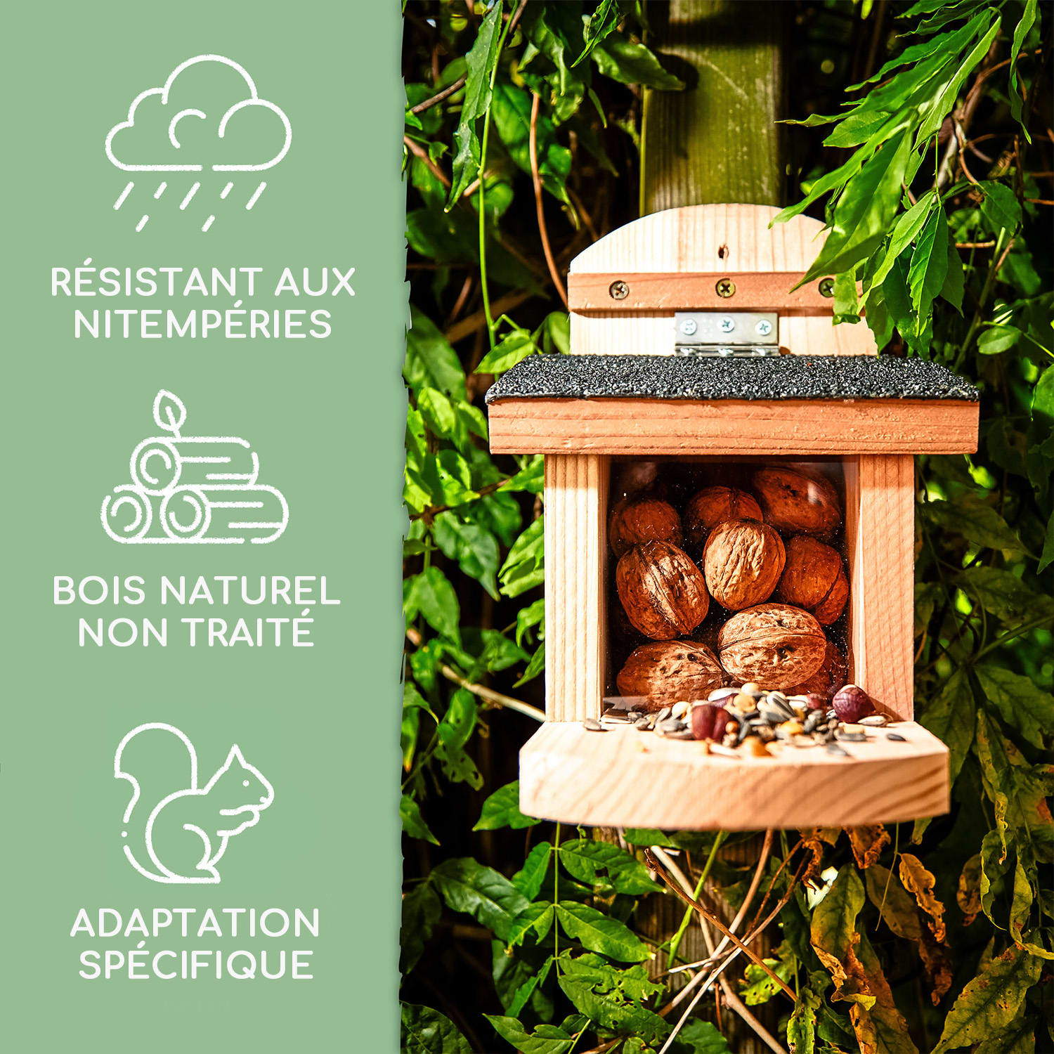 Mangeoire pour écureuils toit plat bois de cèdre bitume non traité 