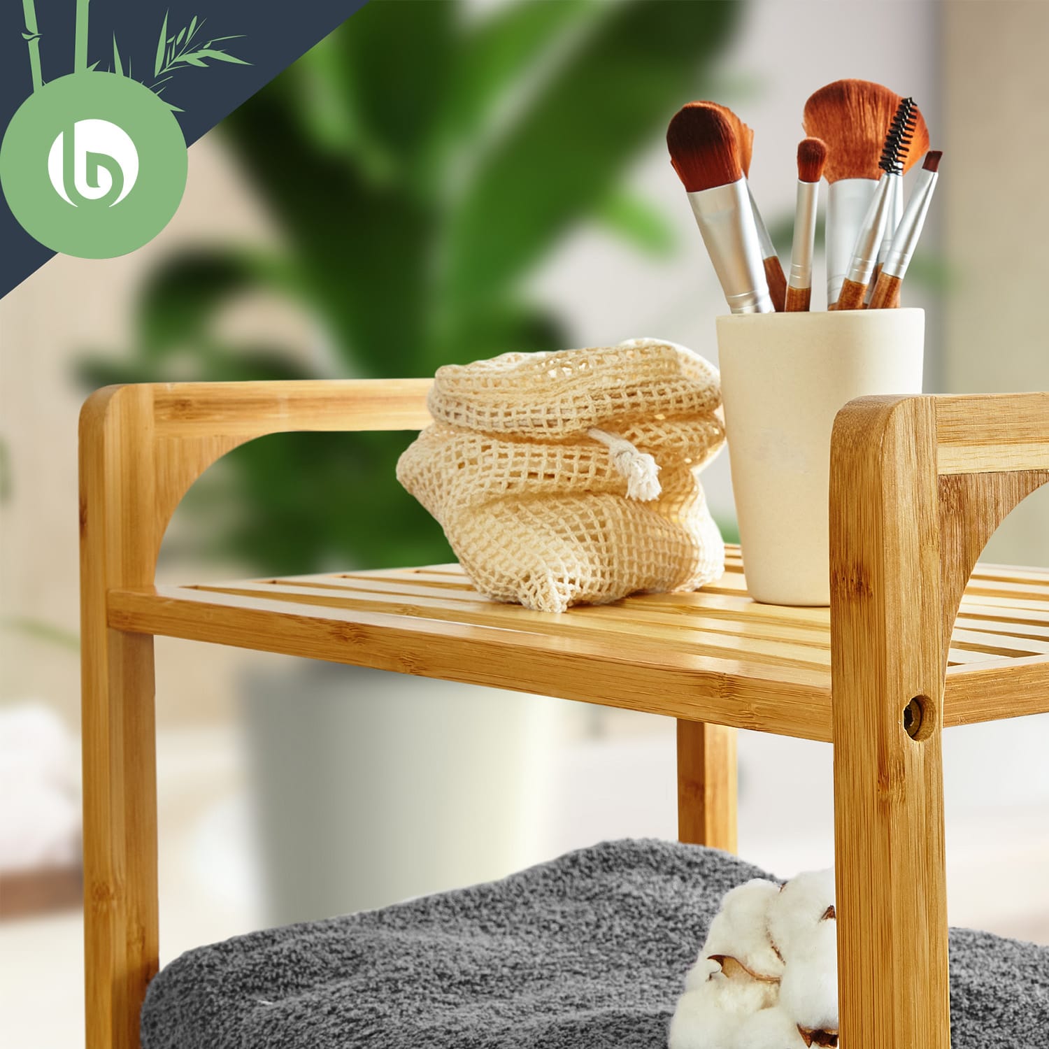 étagère sur pied 2 en 1 2 niveaux de rangement panier amovible bambou coton