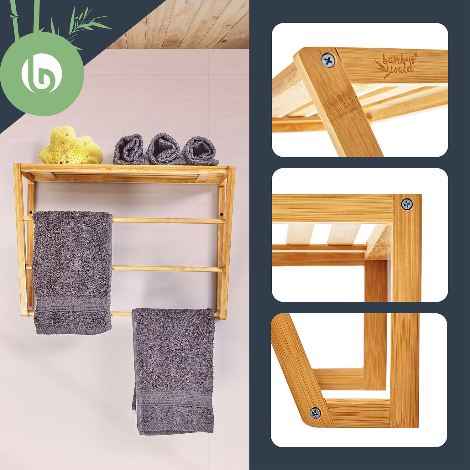 Wall shelf for the bathroom 3 towel rails top shelf 42 x 30 x 20 cm bamboo