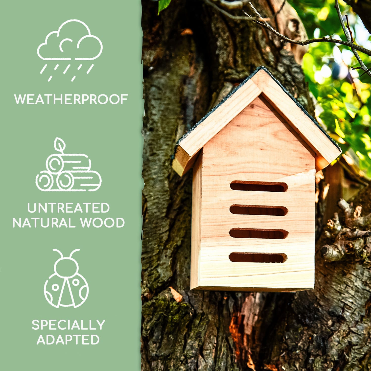 Katicabogár ház, tető aszfaltkartonból, segítség a telelésben, egész évben lakható, vörös cédrus