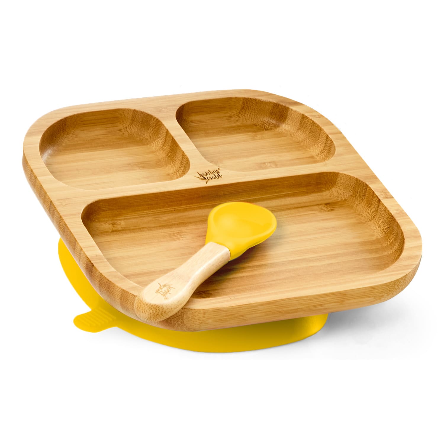 Set de mâncare pentru copii, cu farfurie și lingură de bambus, 250 ml, inclusiv ventuză, 18 × 18 cm Galben