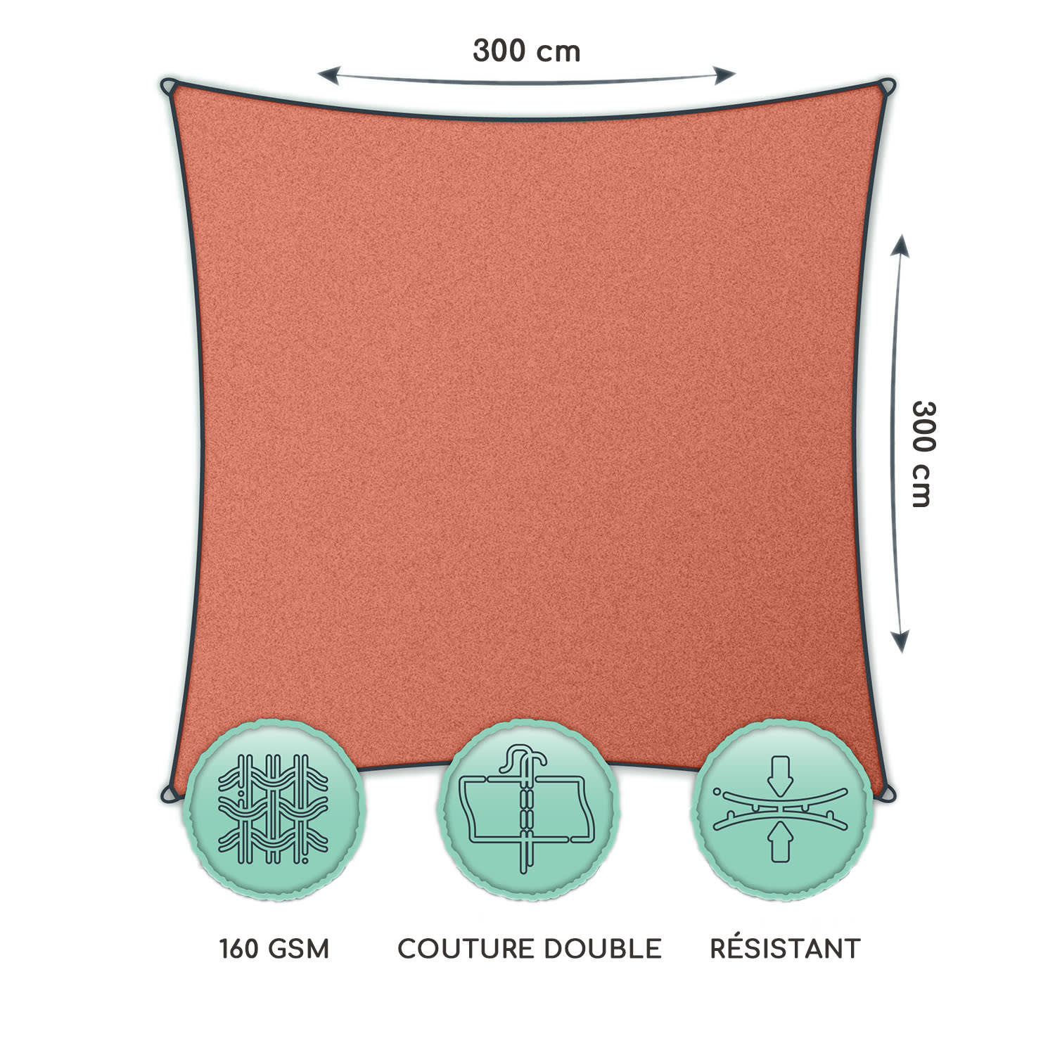 voile solaire carrée 3 x 3 m polyester perméable à l'air 3 x 3 m | Tabac