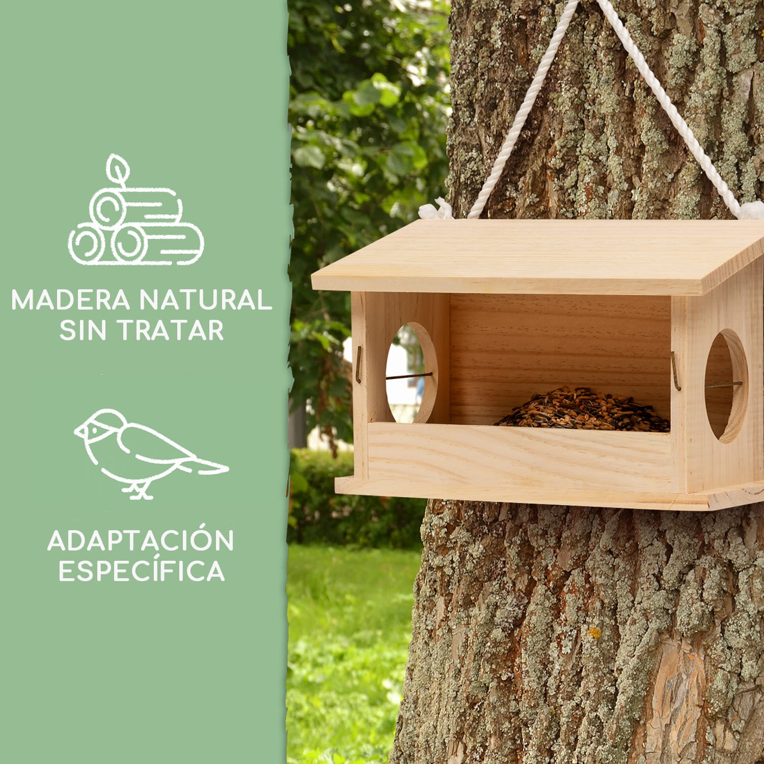 Comedero para pájaros de madera natural sin tratar y con cuerda para colgar, listo para ser montado 