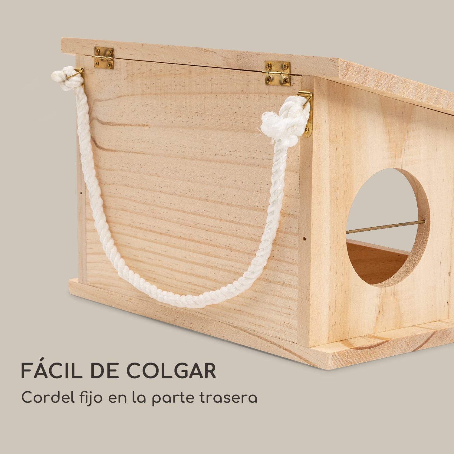 Comedero para pájaros de madera natural sin tratar y con cuerda para colgar, listo para ser montado 