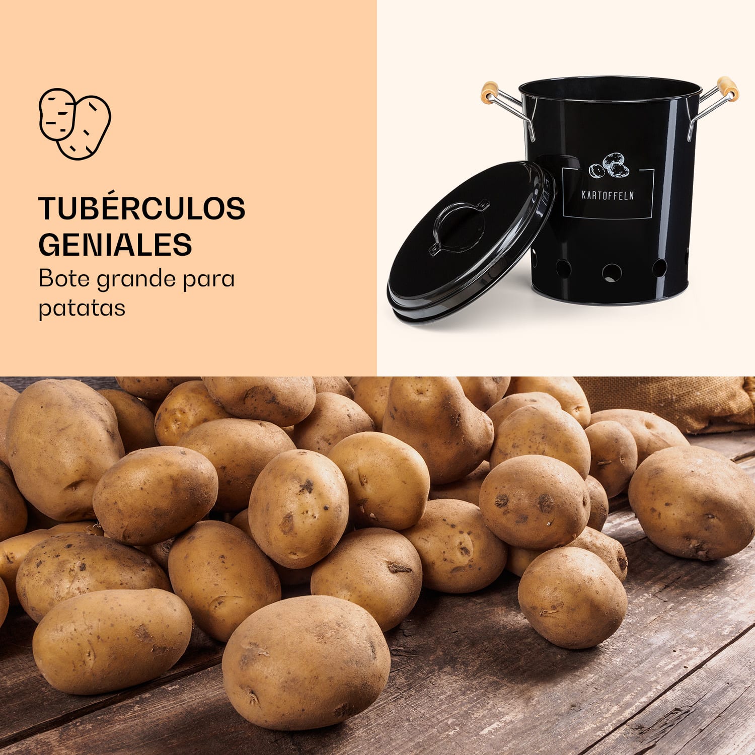 Juego de 3 recipientes Chapa metálica Madera Redondo Tapa 