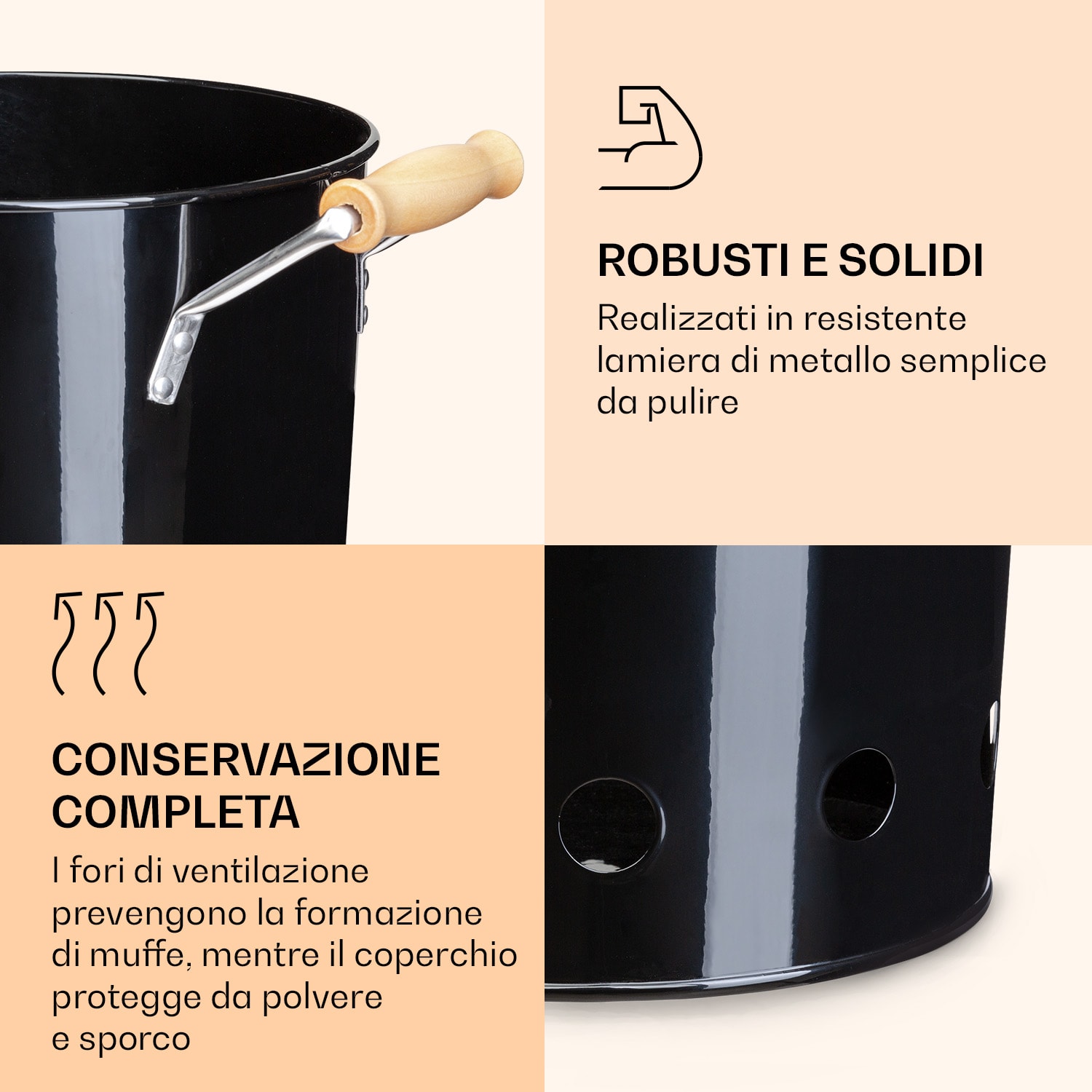 Set di 3 contenitori di stoccaggio, lamiera metallica, legno, rotondi, coperchi 