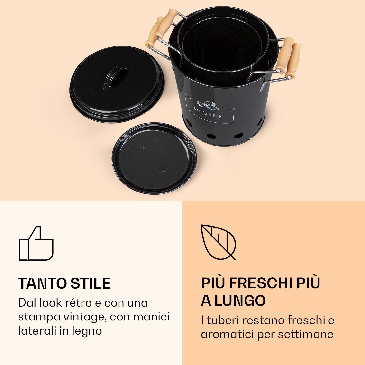 Set di 3 contenitori di stoccaggio, lamiera metallica, legno, rotondi, coperchi 