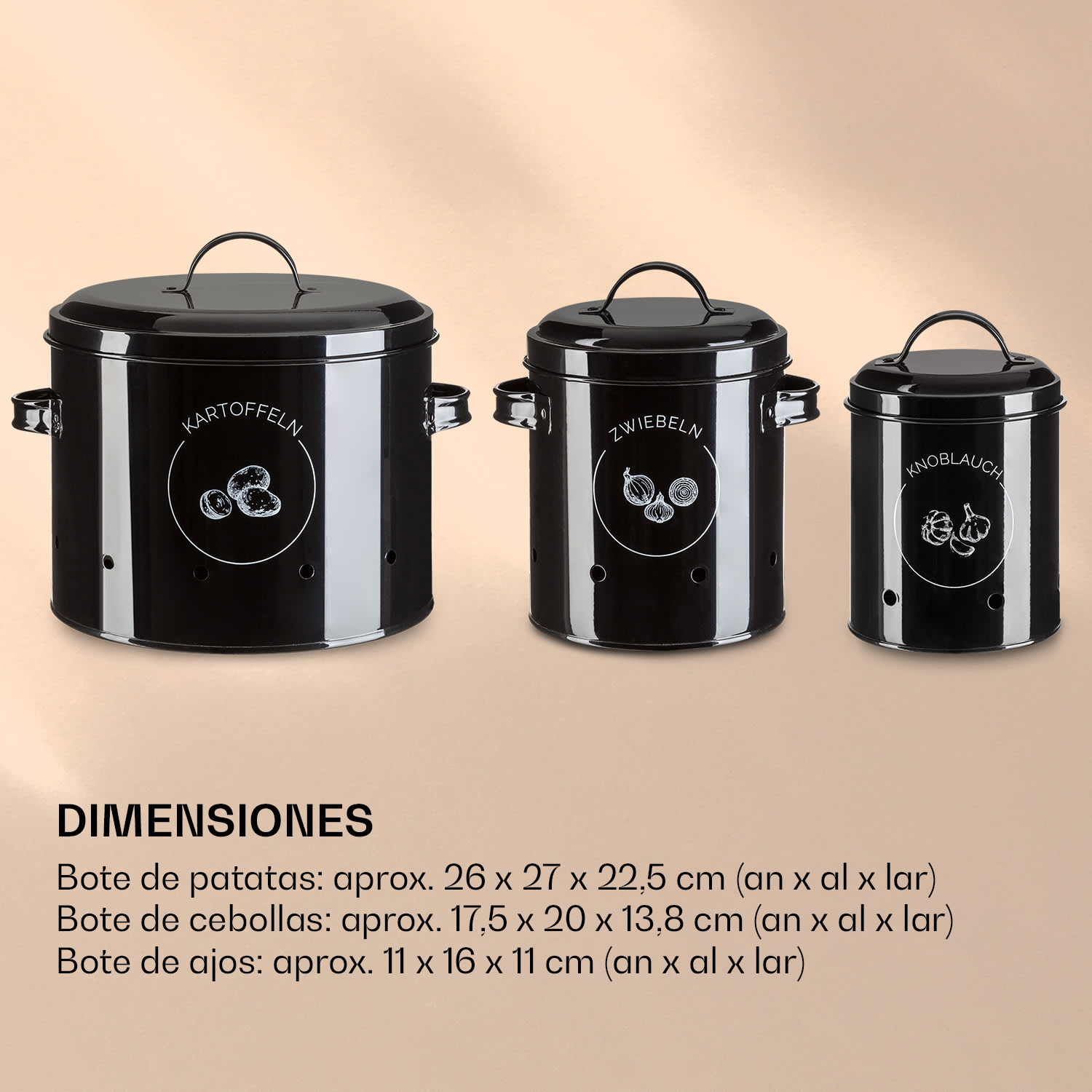Juego de 3 recipientes Chapa metálica redonda Tapa 3er-Set | Negro