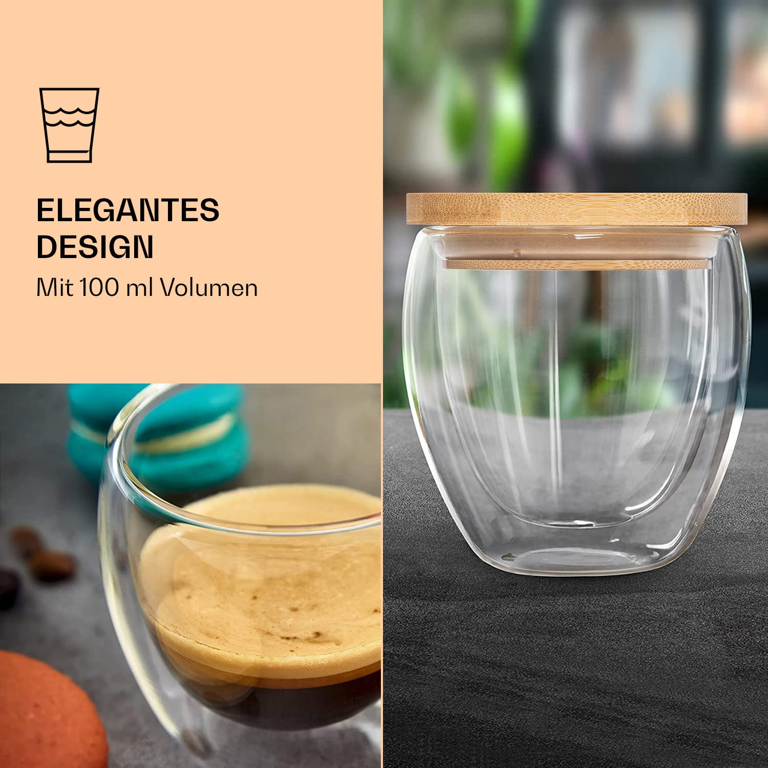 Kaffeeglas mit Deckel 100 ml handgemacht Borosilikatglas Bambus S