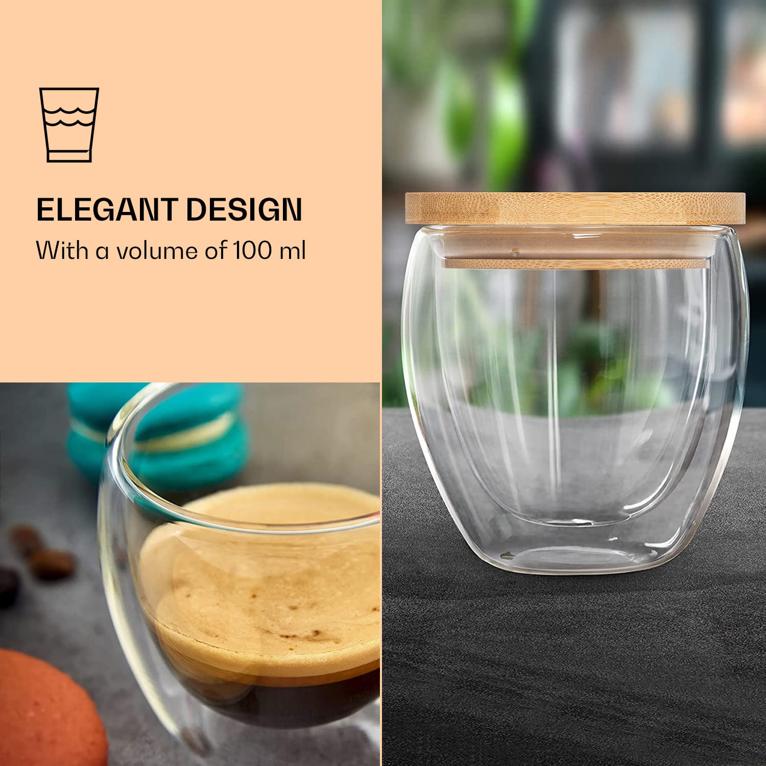 Coffee Glass with Lid 100 ml Handmade Borosilicate Glass Bamboo S