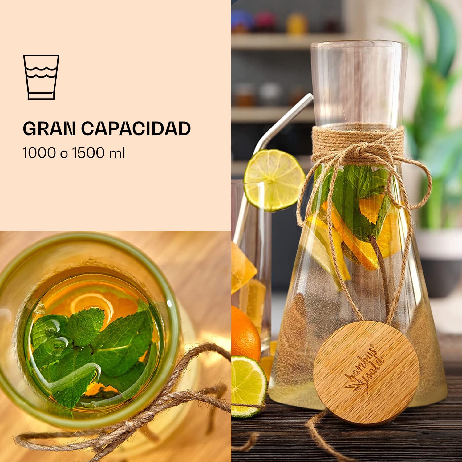 Jarra de cristal con tapa de bambú de vidrio de borosilicato resistente al calor 1500 ml