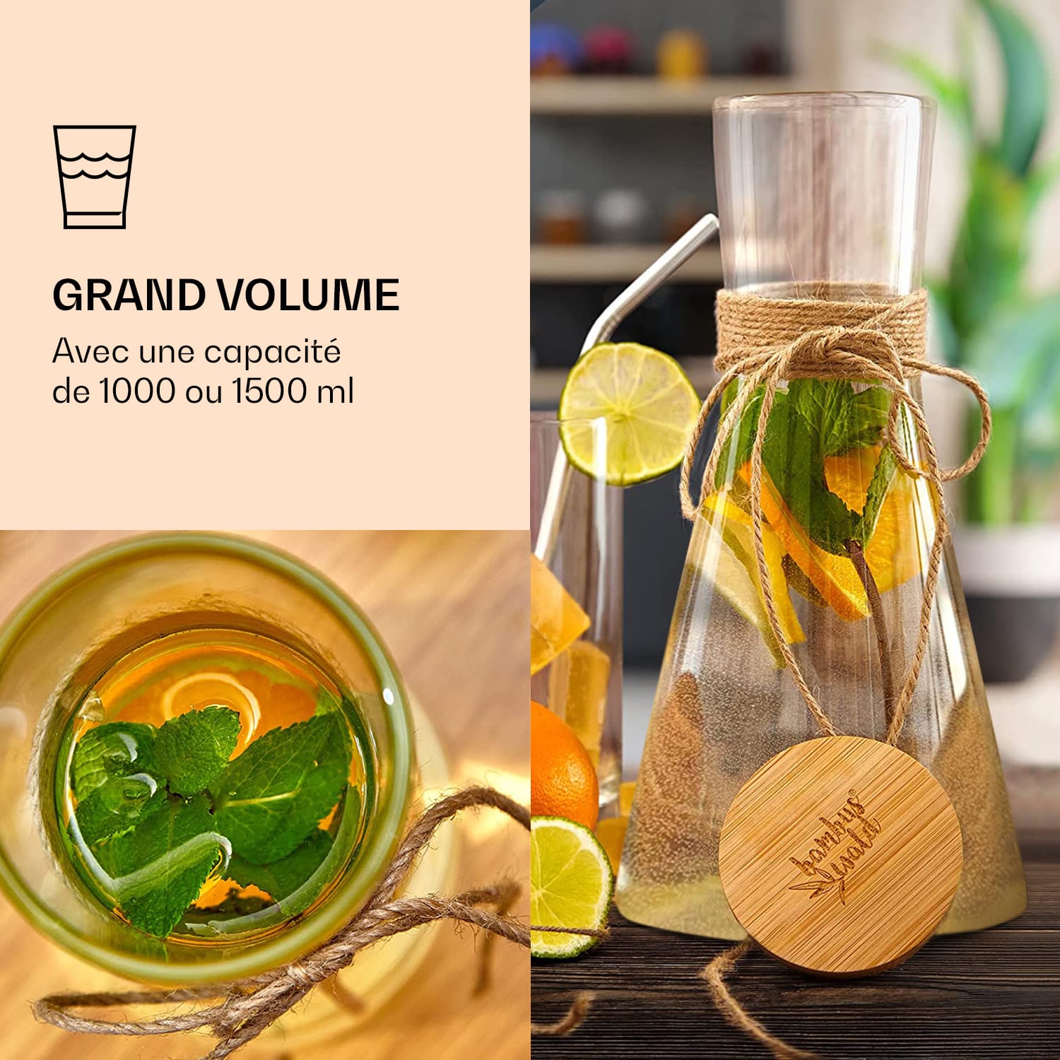 Carafe de verre avec couvercle en bambou Verre borosilicaté résistant à la chaleur 1500 ml