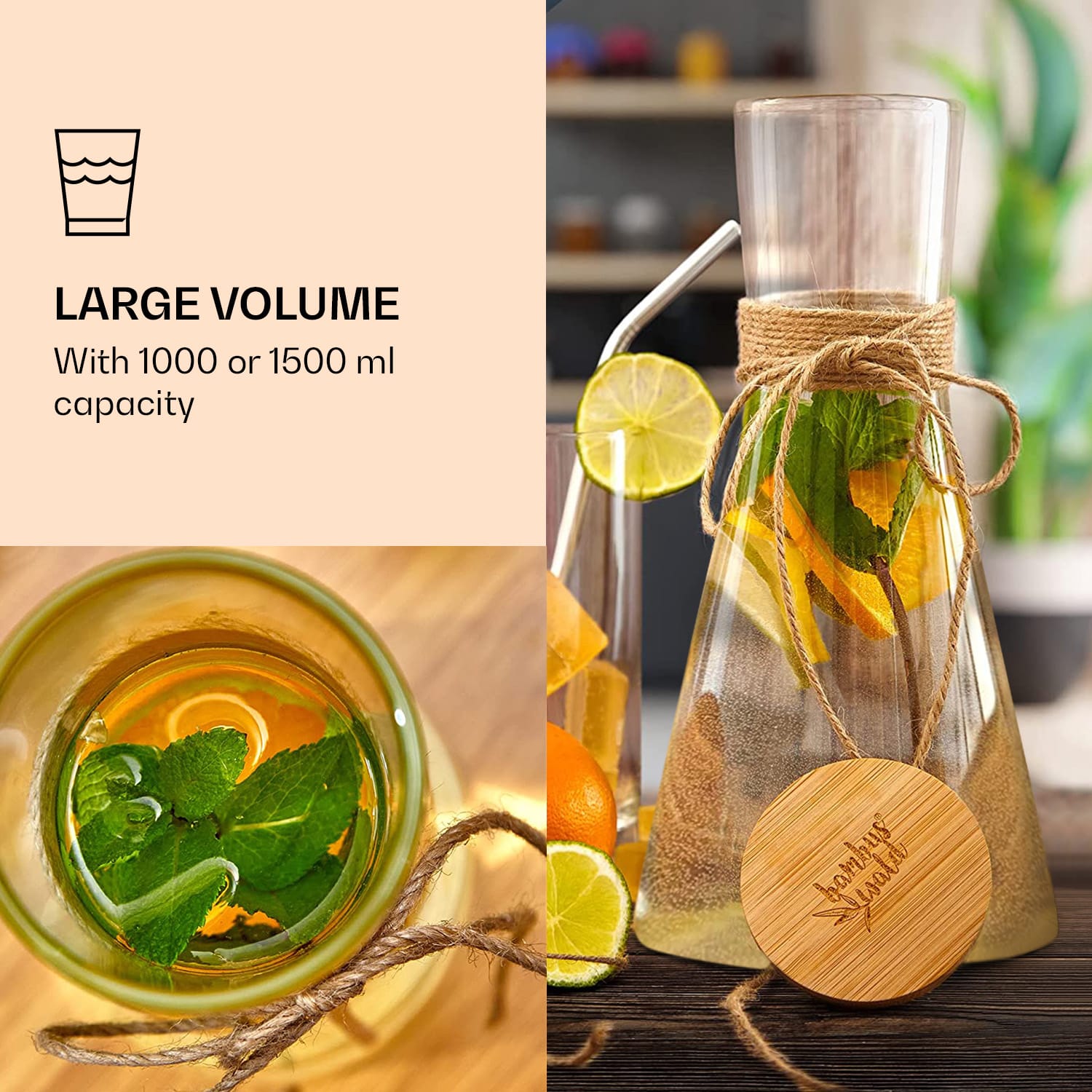 Skleněná karafa s bambusovým víčkem, borosilikátové sklo, žáruvzdorné 1500 ml