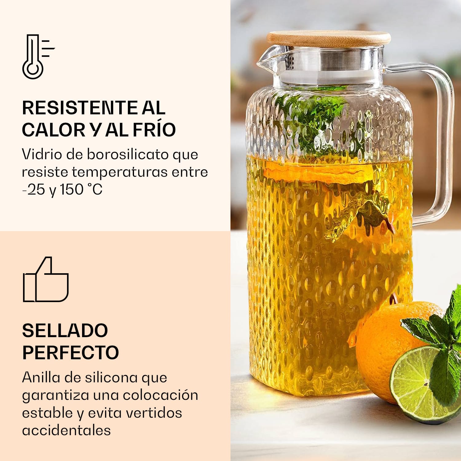 Jarra de vidrio de borosilicato Tapa de bambú Filtro superior Anillo de silicona 1900 ml