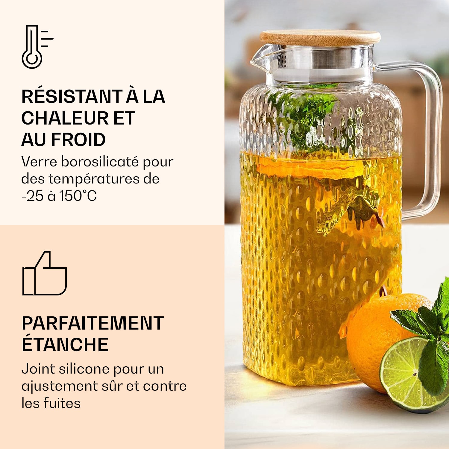 Carafe en verre borosilicaté Couvercle en bambou Embout filtrant Anneau en silicone 1900 ml