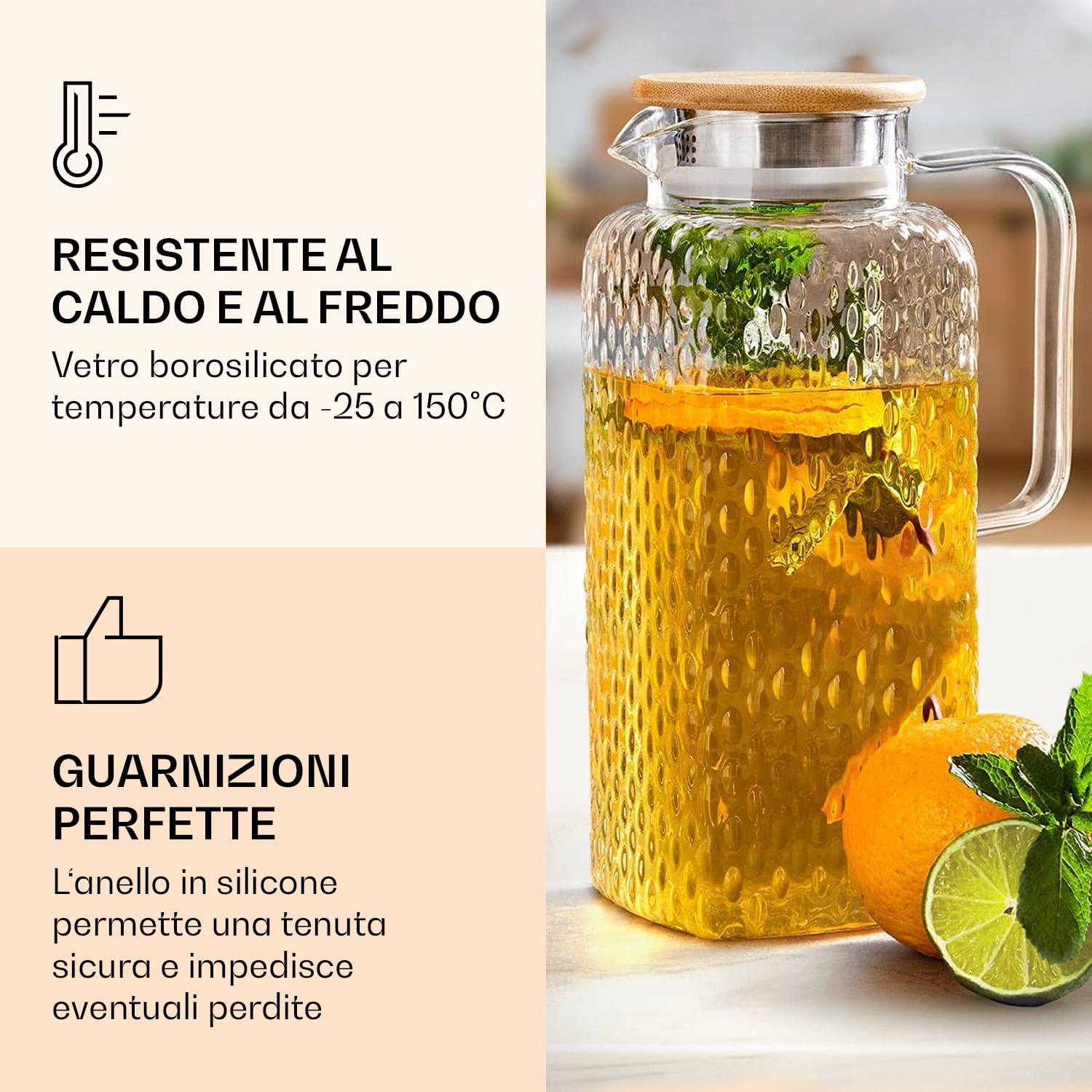 Caraffa in vetro borosilicato Coperchio di bambù Coperchio filtrante Anello di silicone 1900 ml