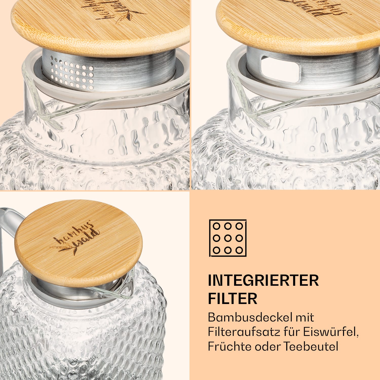 Karaffe Borosilikatglas Bambusdeckel Filteraufsatz Silikonring 1500 ml