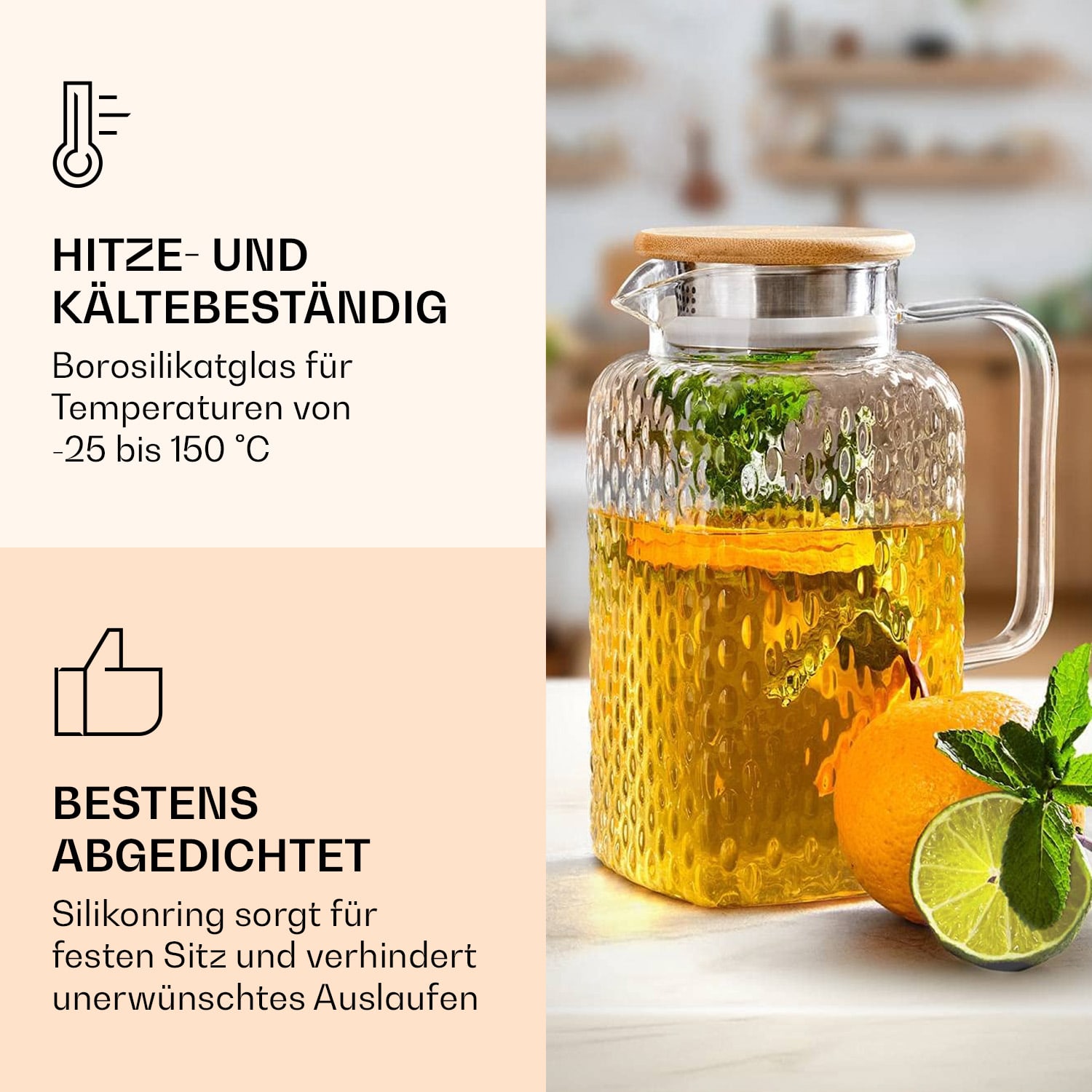 Karaffe Borosilikatglas Bambusdeckel Filteraufsatz Silikonring 1500 ml
