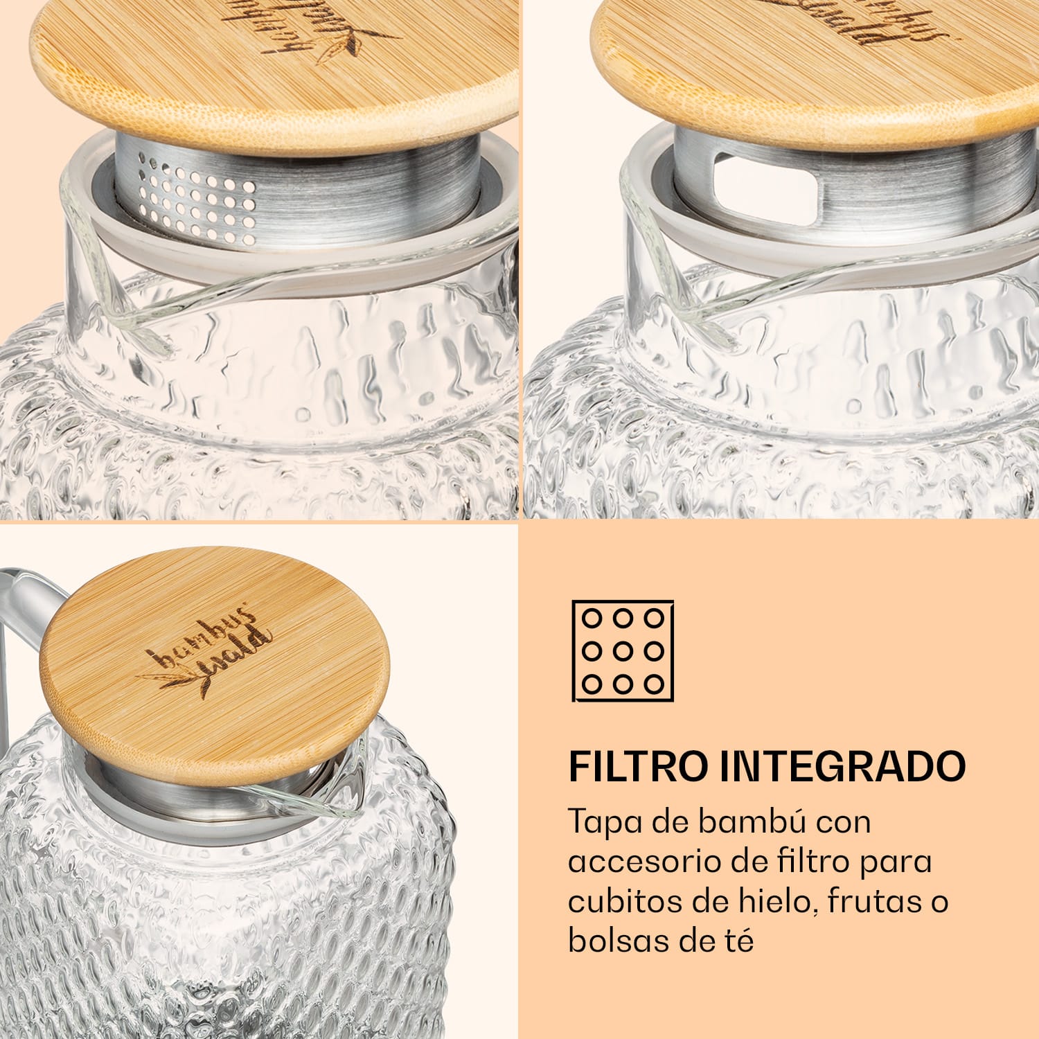 Jarra de vidrio de borosilicato Tapa de bambú Filtro superior Anillo de silicona 1500 ml