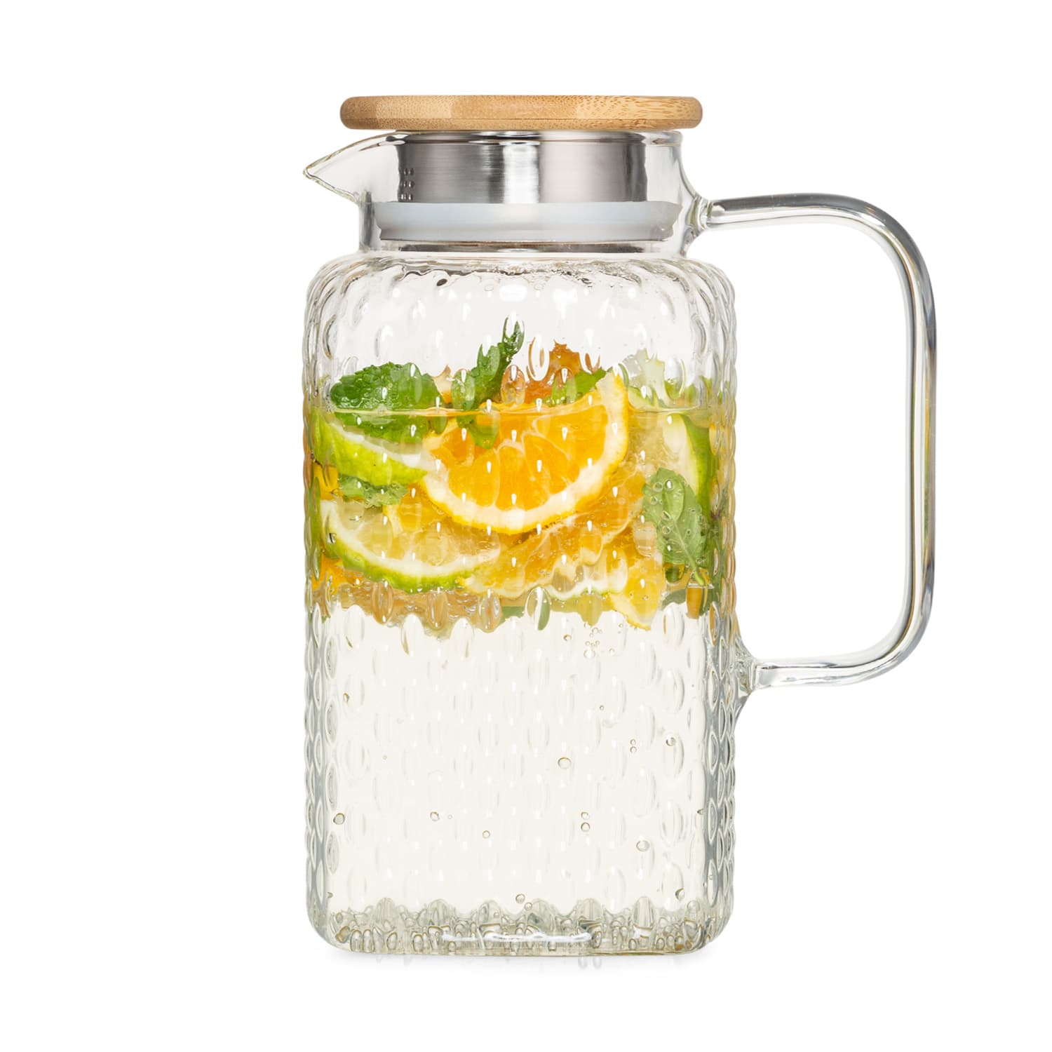 Kancsó, boroszilikát üveg, bambusz fedél, szűrő tartozék, szilikongyűrű 1500 ml
