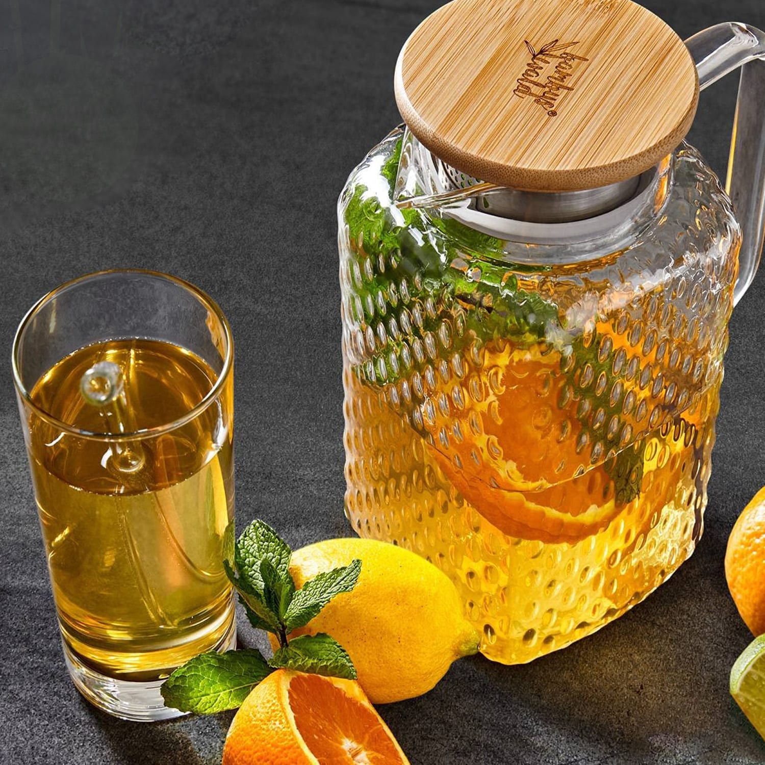 Kancsó, boroszilikát üveg, bambusz fedél, szűrő tartozék, szilikongyűrű 1500 ml