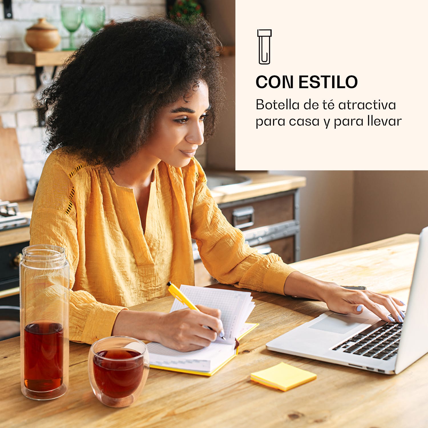 Botella de té con tapa y colador 500 ml tapa de bambú vidrio de doble pared con funda 