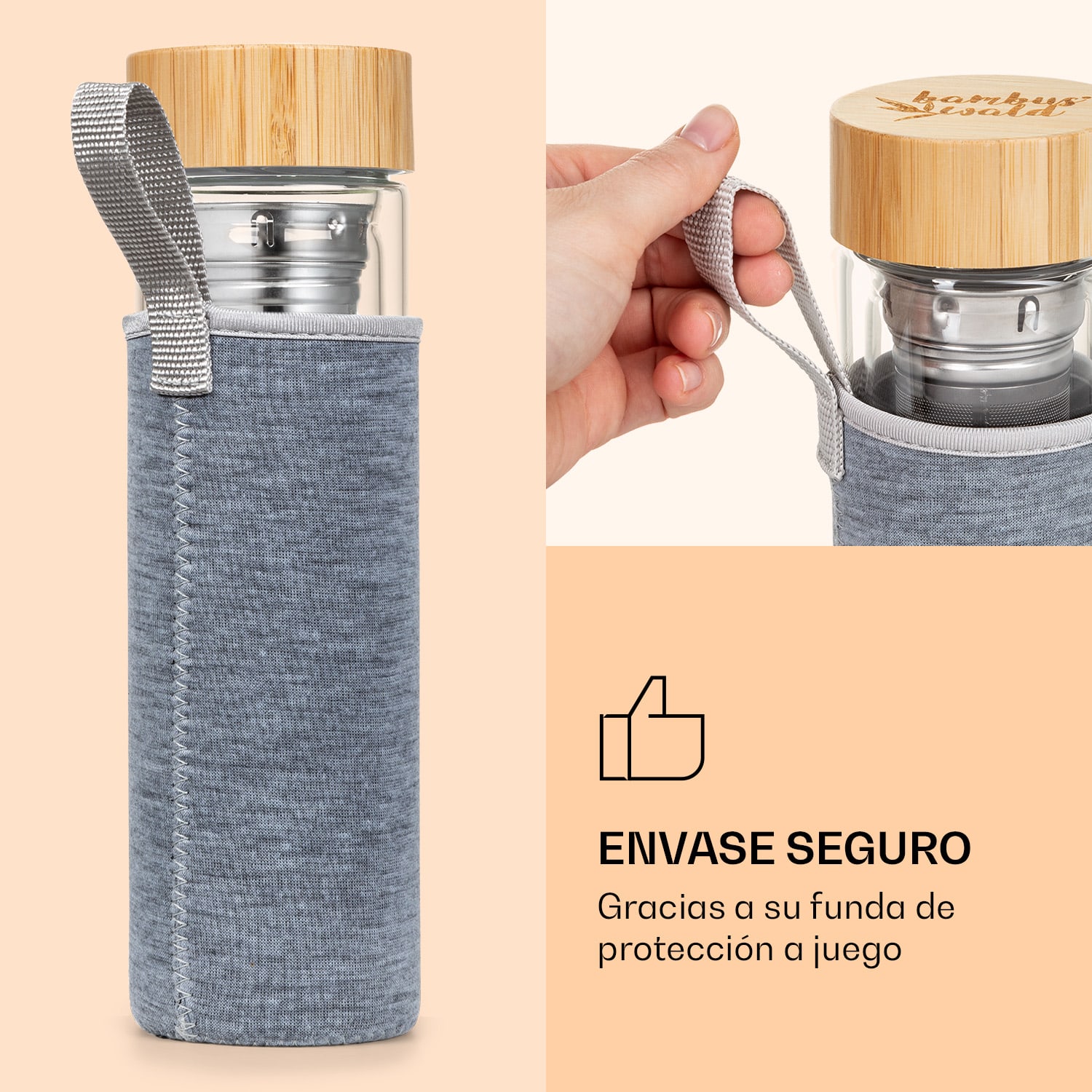 Botella de té con tapa y colador 500 ml tapa de bambú vidrio de doble pared con funda 