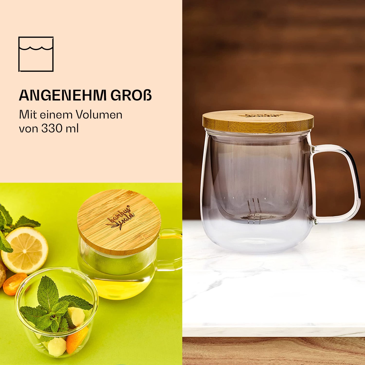 Teetasse mit Teesieb und Bambusdeckel 330 ml doppelwandiges Glas 