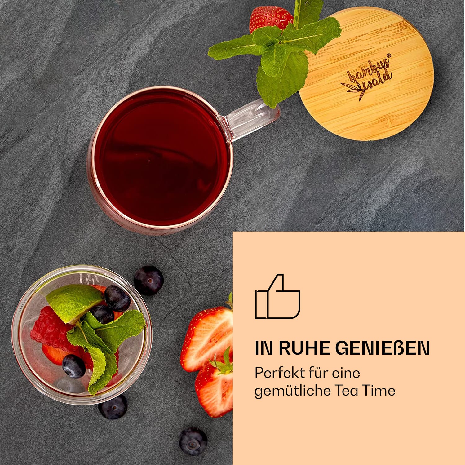 Teetasse mit Teesieb und Bambusdeckel 330 ml doppelwandiges Glas 