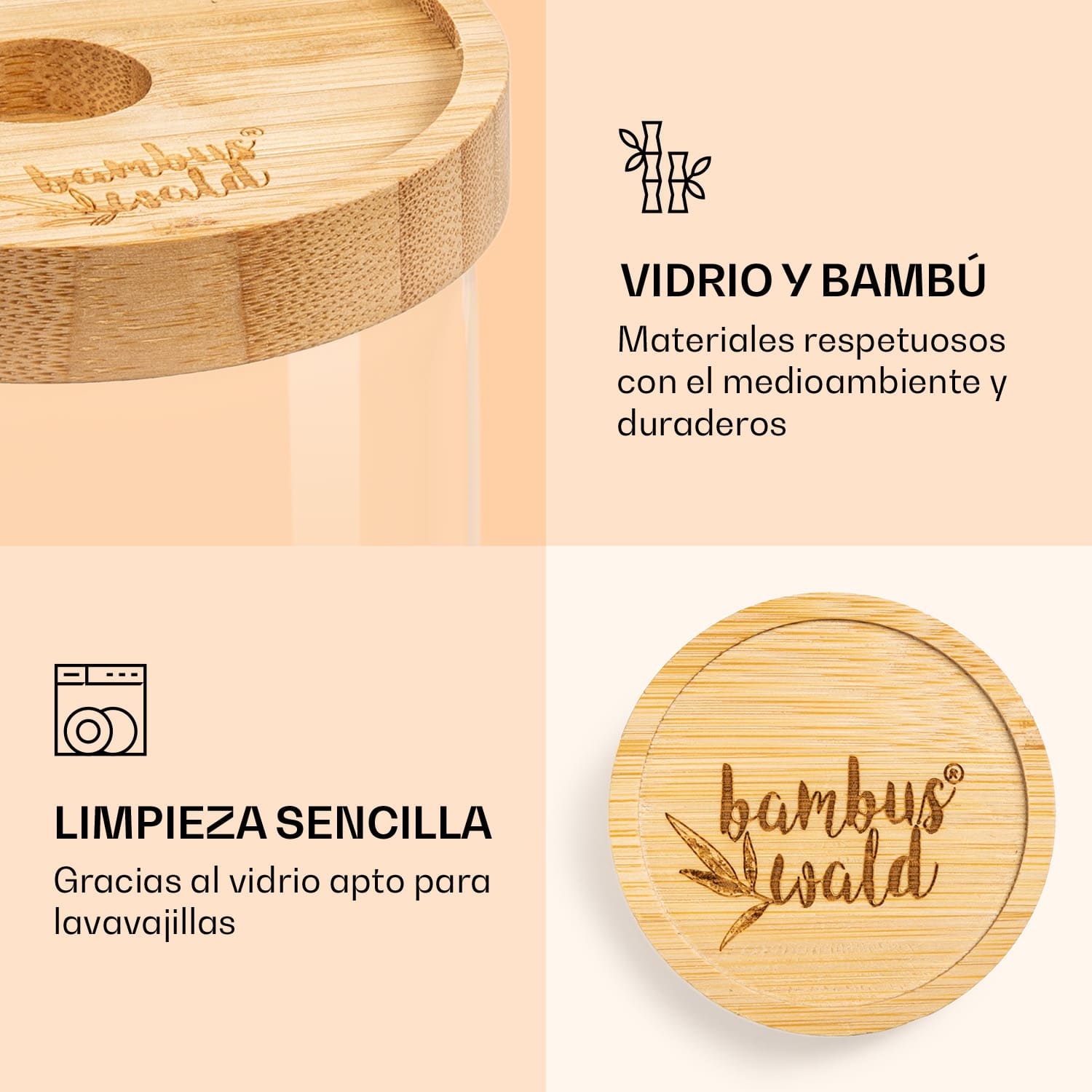Tarro apilable con tapa de bambú 1700 ml, apilable, hermético 