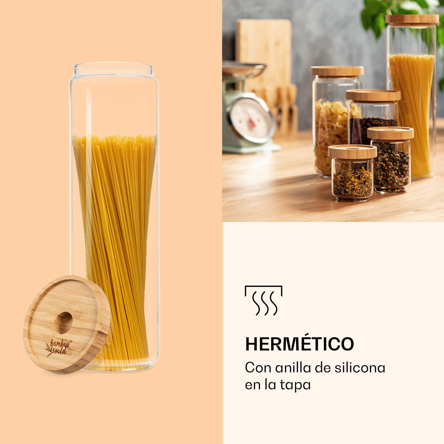 Tarro apilable con tapa de bambú 1700 ml, apilable, hermético 