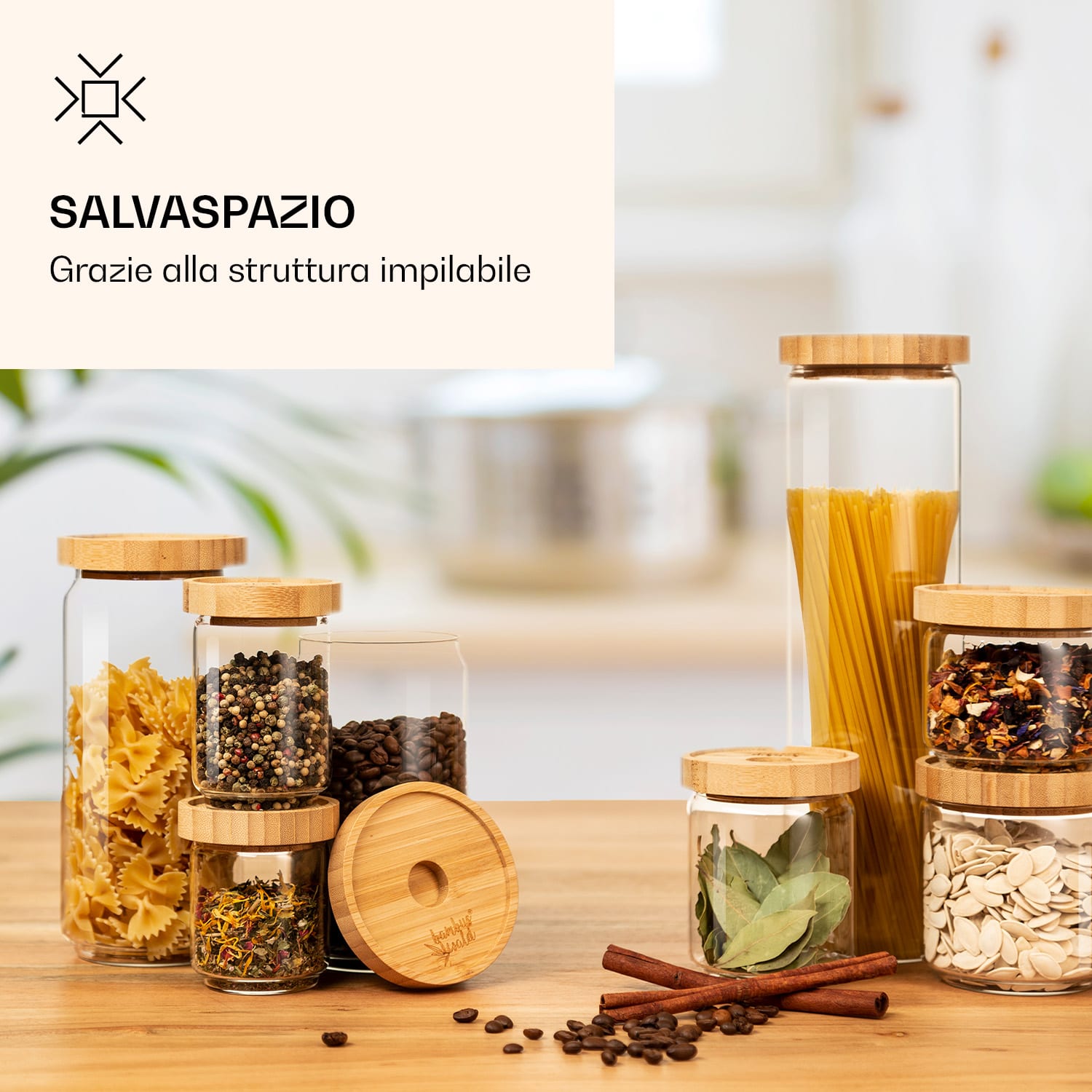 Barattolo impilabile con coperchio di bambù, 500 ml, ermetico 500 ml