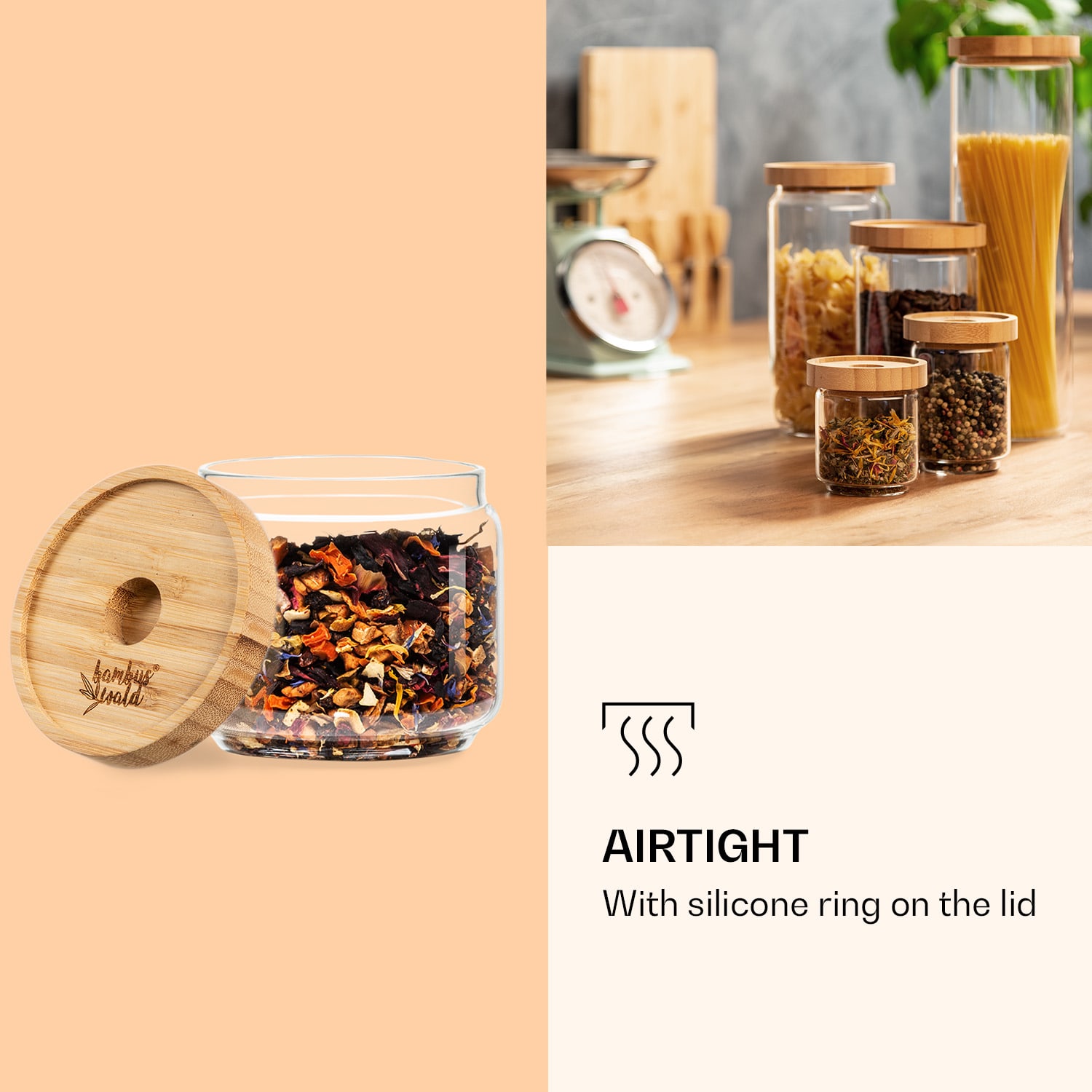Tárolóedény, bambusz fedéllel, 300 ml, egymásra helyezhető, légmentesen zárható 300 ml