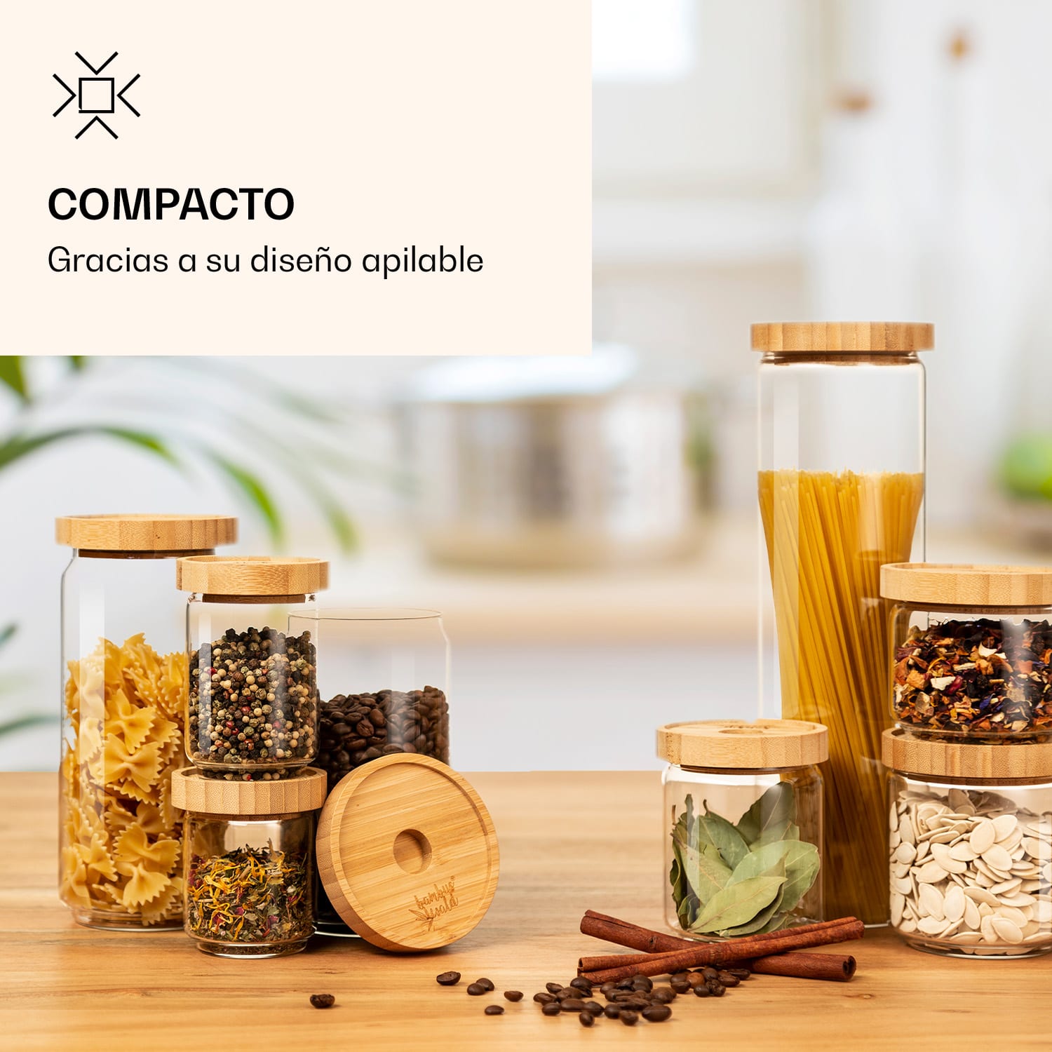 Tarro apilable con tapa de bambú 800 ml, apilable, hermético 800 ml