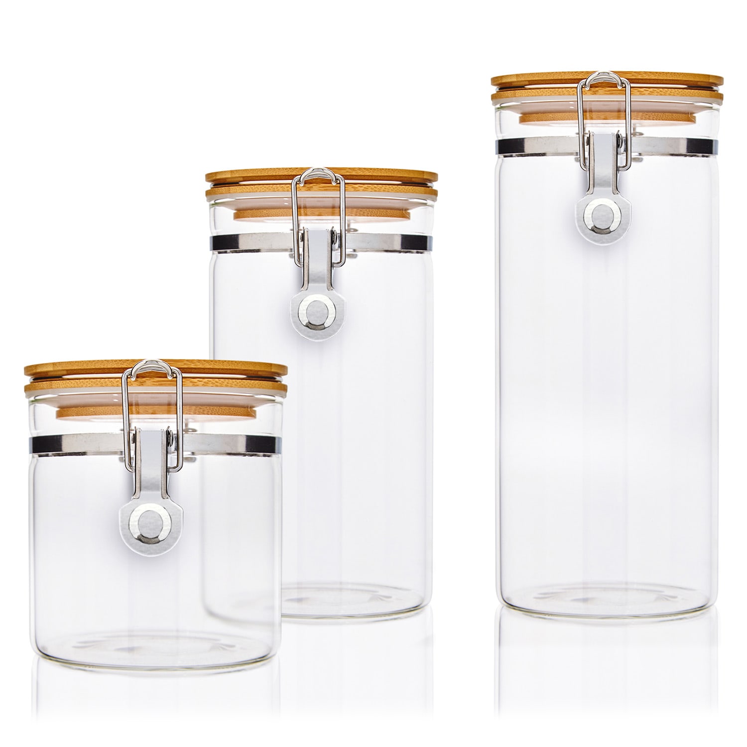 Set di 3 barattoli con coperchio di bambù e chiusure in metallo, da 550 ml, 900 ml e 1250 ml 
