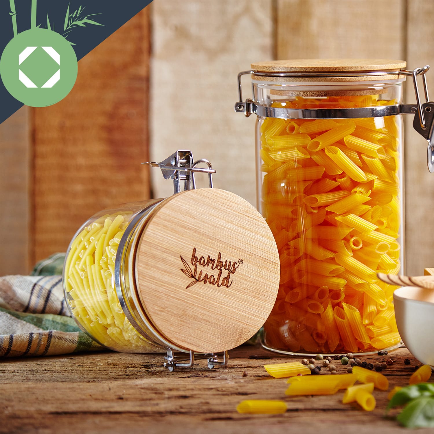 Set di 3 barattoli con coperchio di bambù e chiusure in metallo, da 550 ml, 900 ml e 1250 ml 