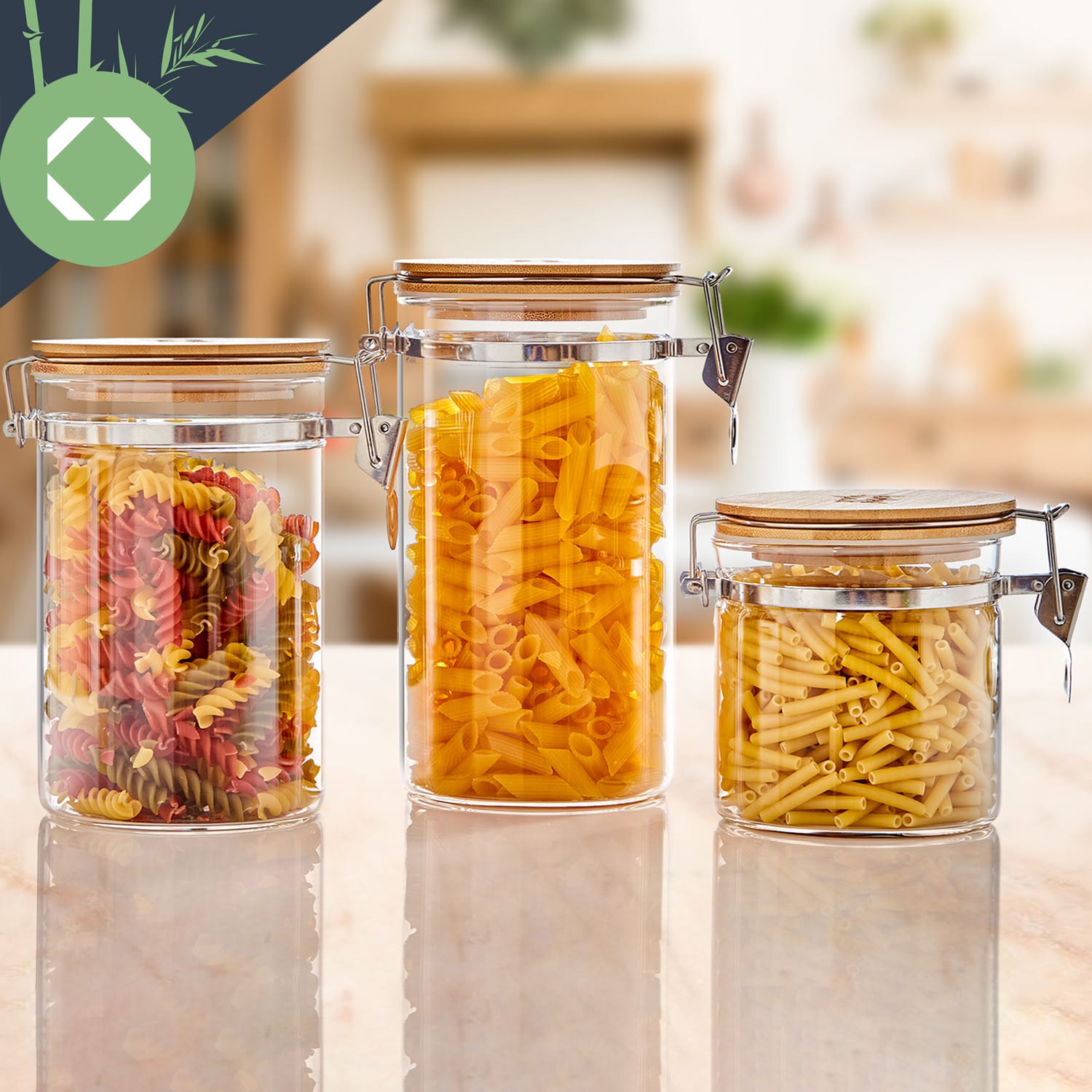 Set di 3 barattoli con coperchio di bambù e chiusure in metallo, da 550 ml, 900 ml e 1250 ml 
