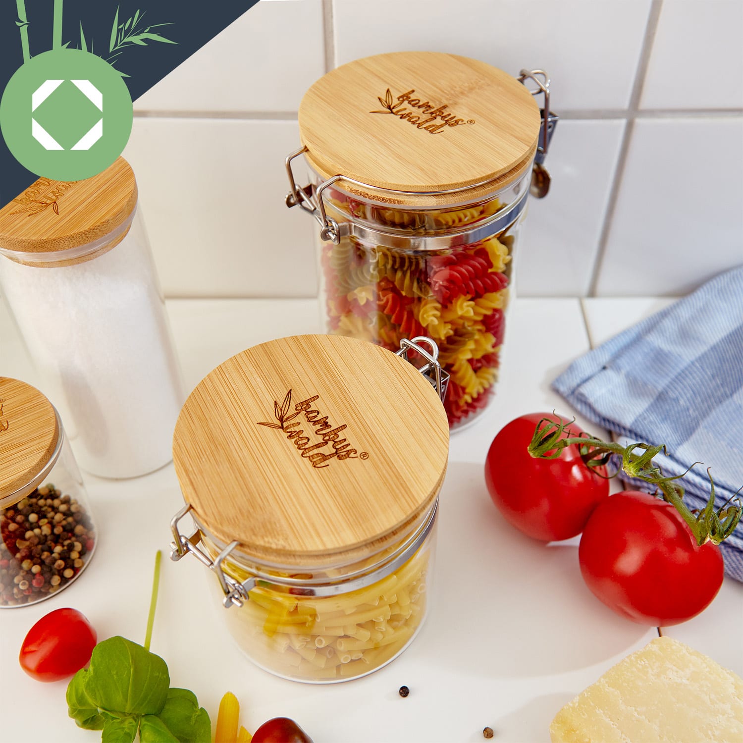 Set di 3 barattoli con coperchio di bambù e chiusure in metallo, da 550 ml, 900 ml e 1250 ml 