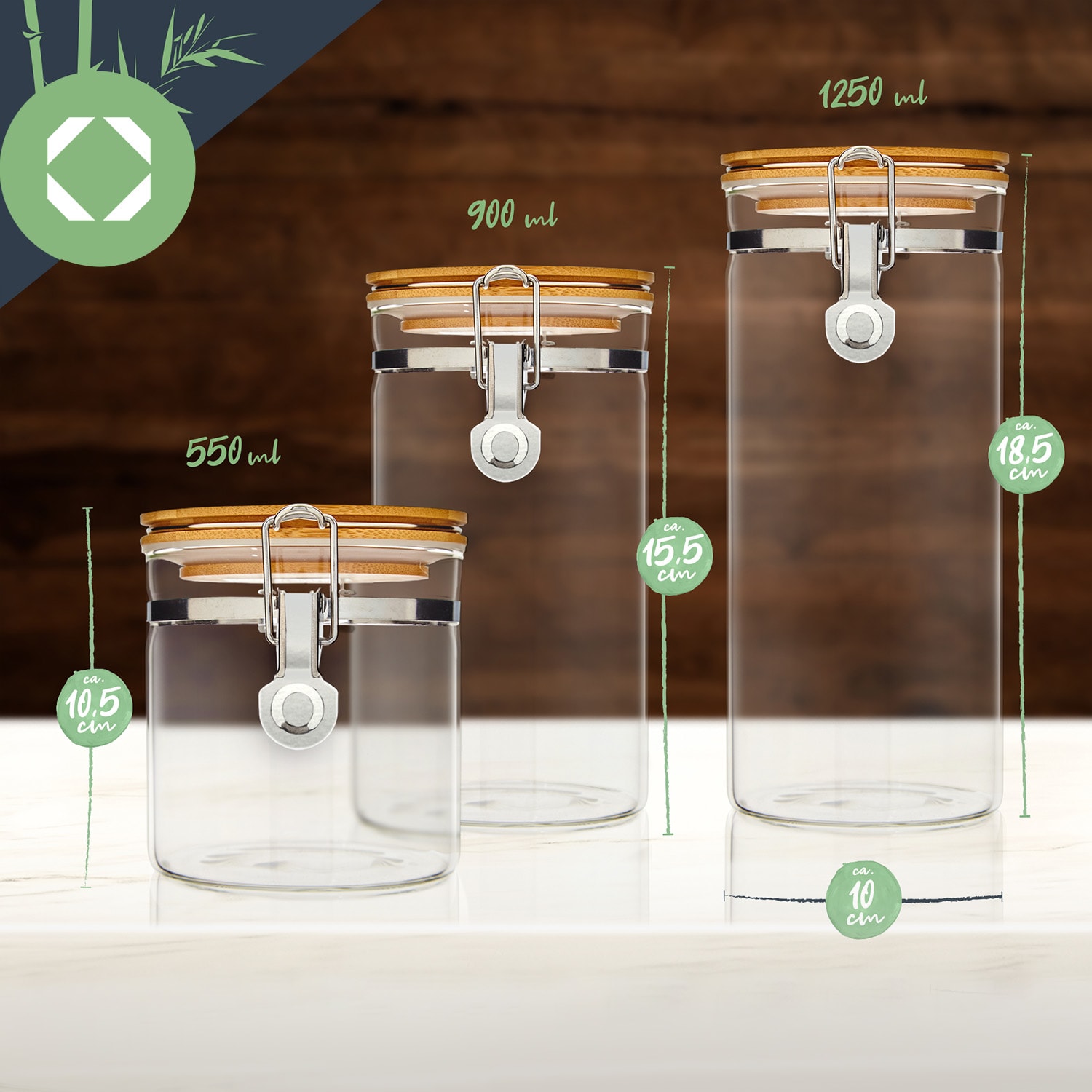Set di 3 barattoli con coperchio di bambù e chiusure in metallo, da 550 ml, 900 ml e 1250 ml 