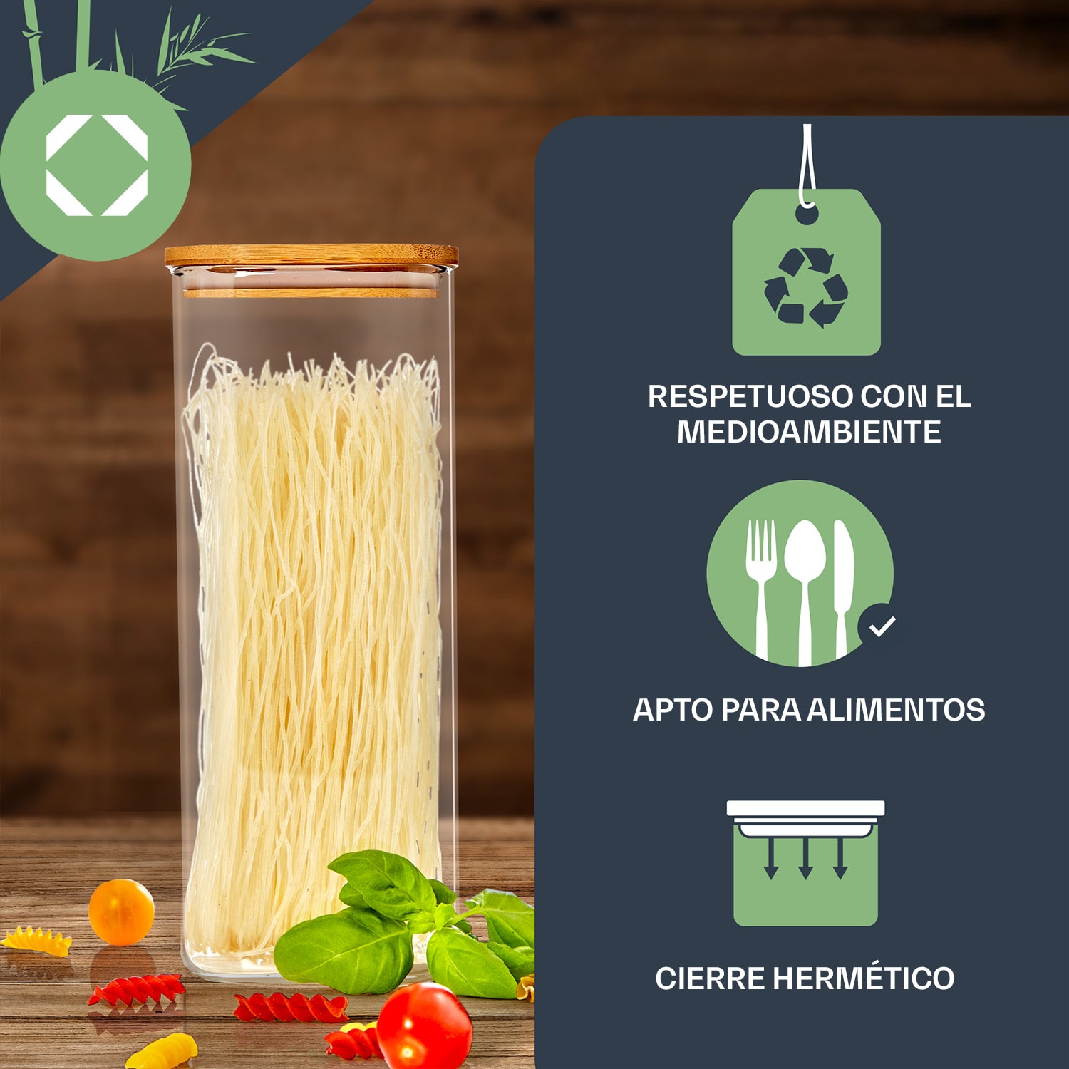 Juego de 4 botes redondos con tapa de bambú Contenido: 600 ml, 1000 ml, 1500 ml, 1800 ml 