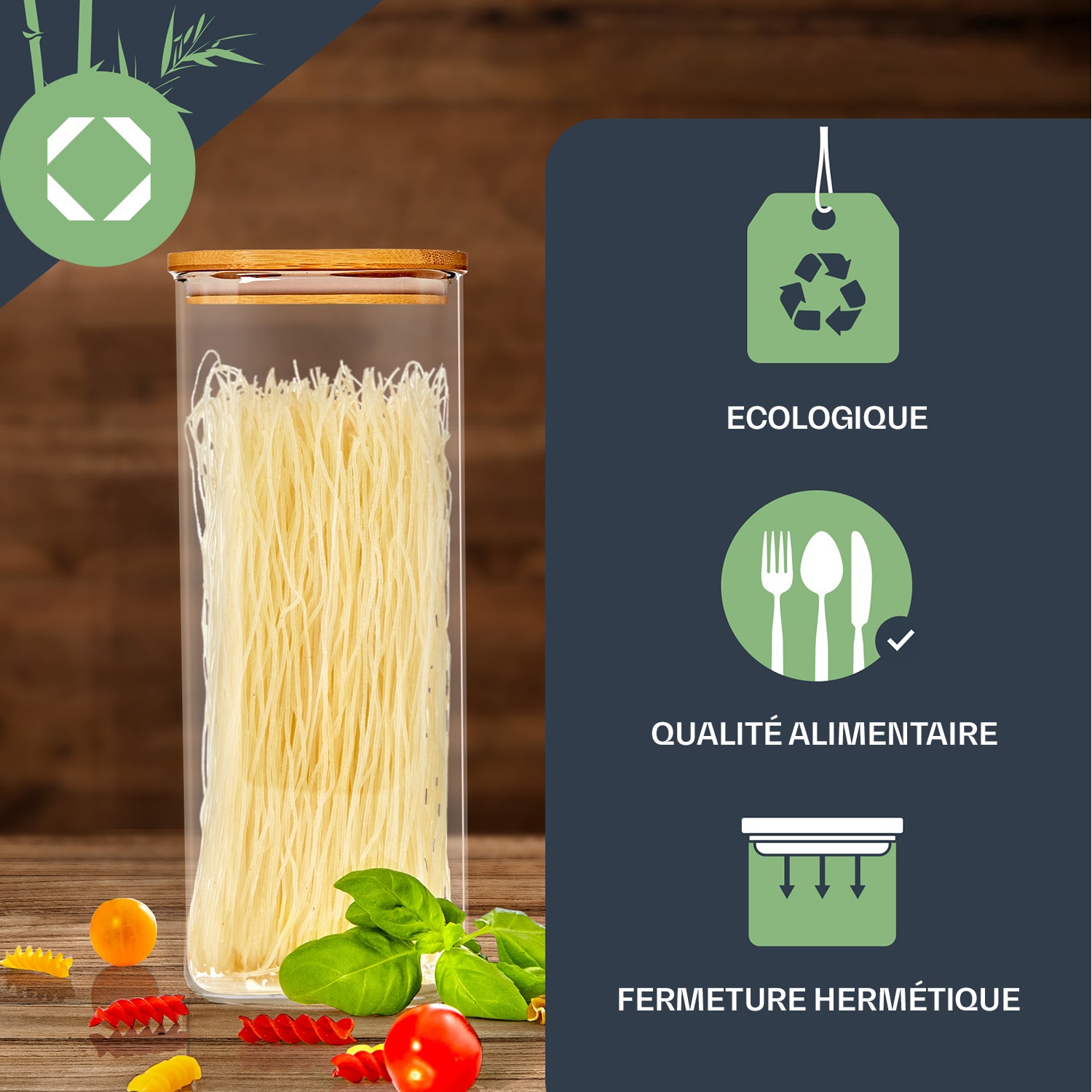 Bocal rond avec couvercle en bambou Lot de 4 Contenances : 600 ml, 1000 ml, 1500 ml, 1800 ml 