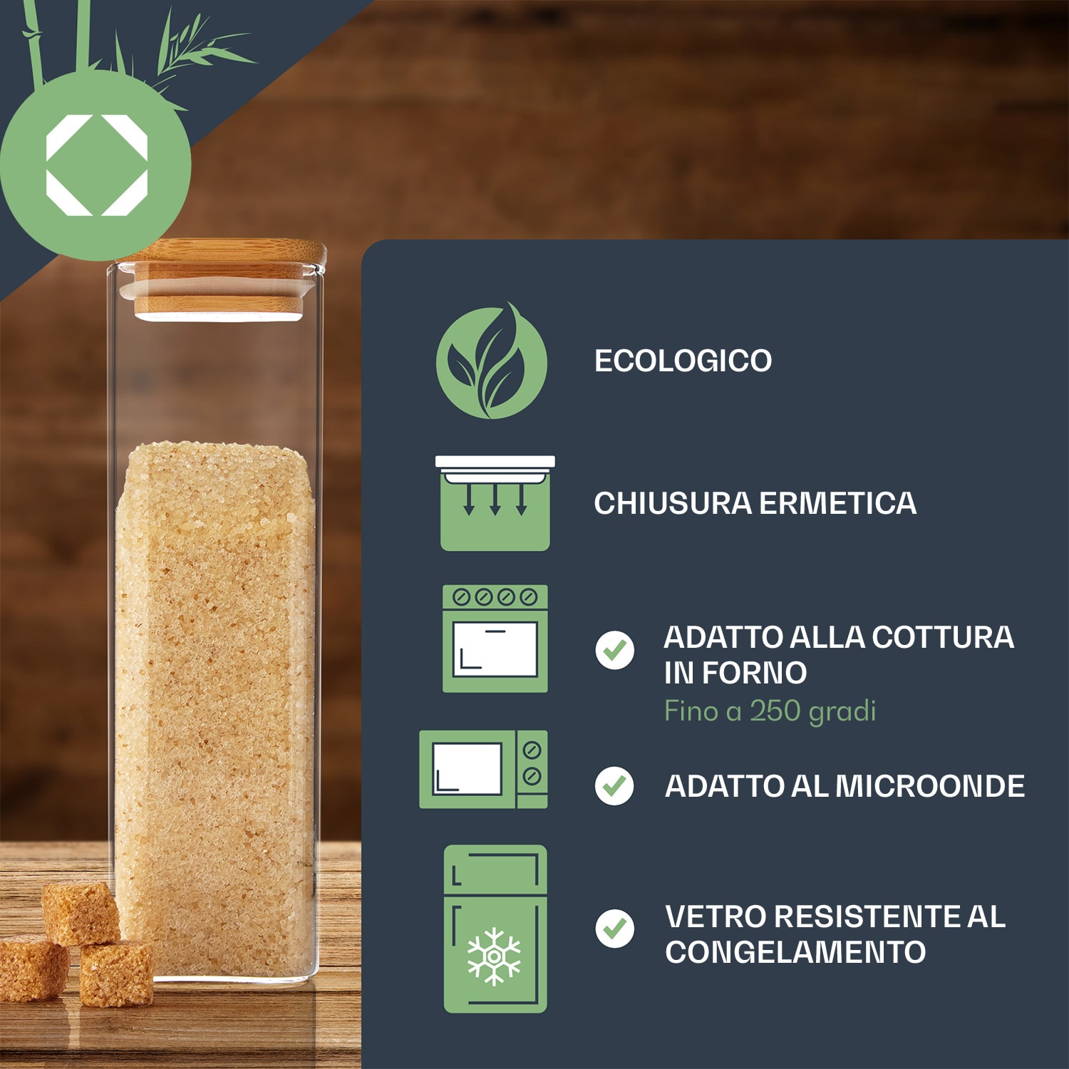 Set di 4 barattoli in vetro squadrati con coperchi in bambù, volume: 700 ml, 1200 ml, 1500 ml, 2000 ml 300 ml