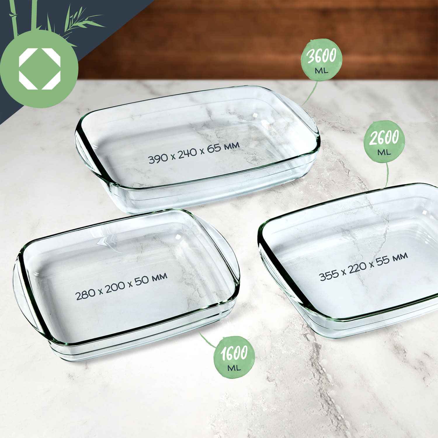 Zestaw 3 naczyń żaroodpornych do zapiekania, pojemność: 3600 ml, 2600 ml, 1600 ml, szkło, nadaje się do piekarnika 3600 ml / 2600 ml / 1600 ml