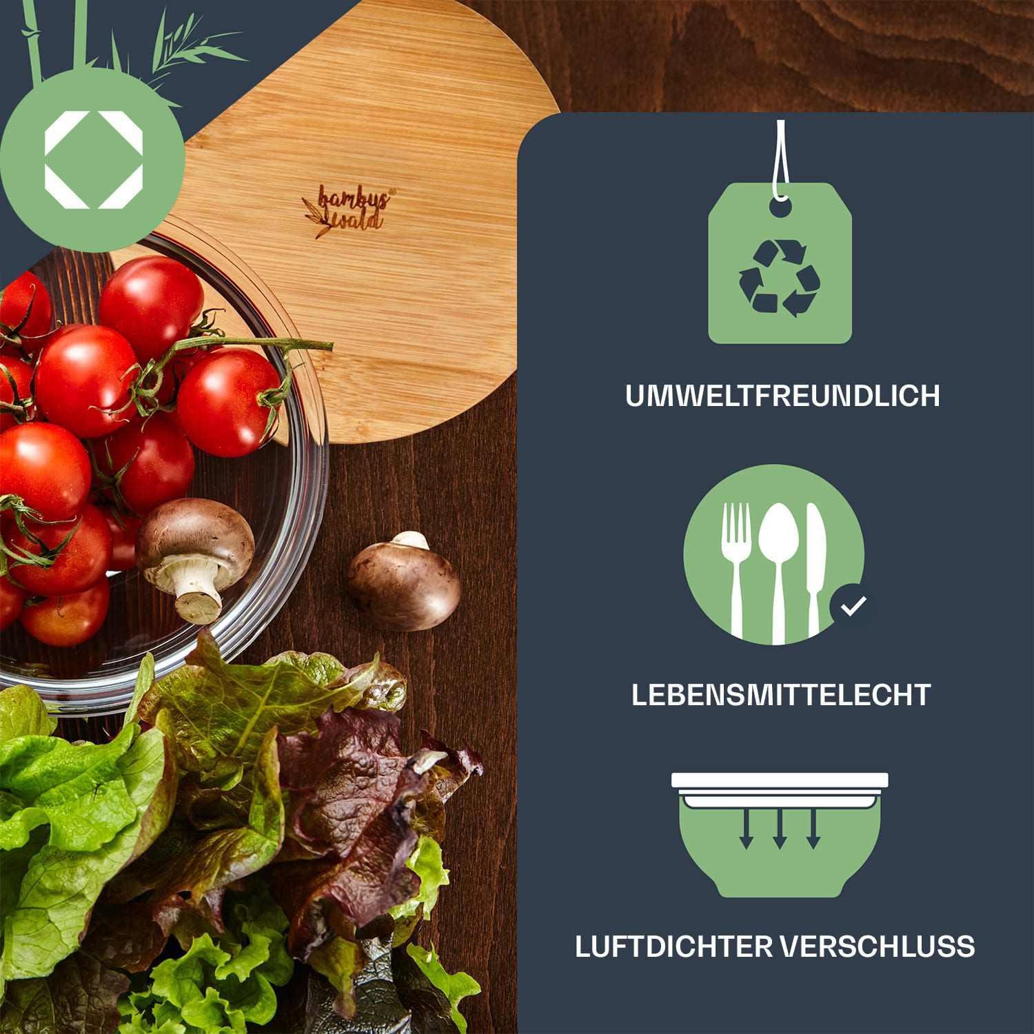 Glasschüssel 865 ml Bambusdeckel verschließbar BPA-frei Größe S 865 ml