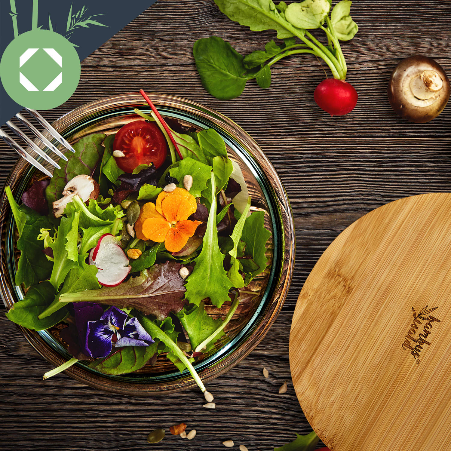 Sklenená misa, 865 ml, bambusový vrchnák, uzatvárateľná, bez BPA, veľkosť S 